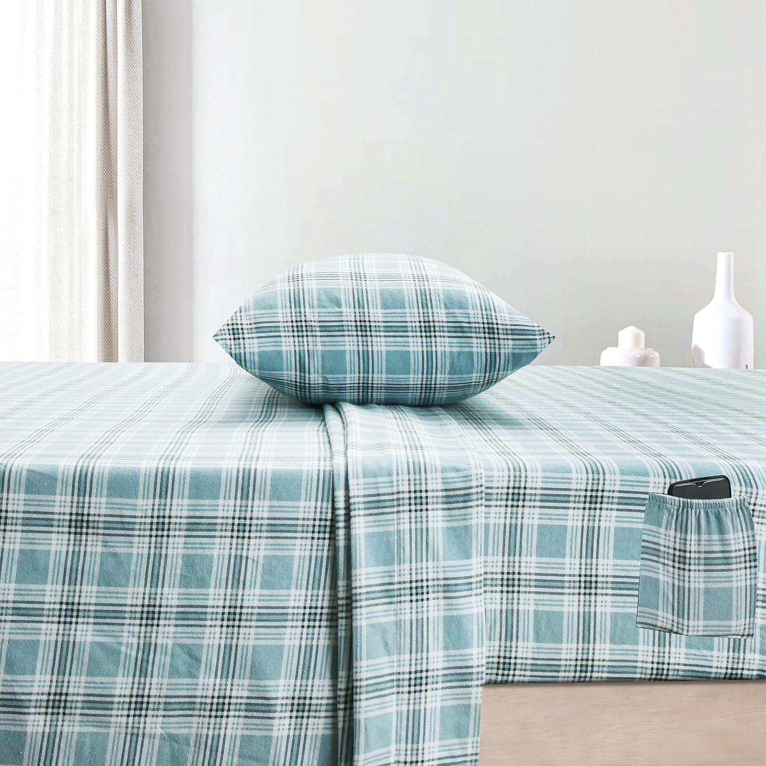 Sleepdown 100% Cotton Flannel Sheets Full Size Bed Sheets Set with Deep Pockets, Brushed Flannel with Elastic Fitted Sheet Set, Soft & Cozy Sheets - 4 Piece Bedding and Pillowcase set - Green Plaid