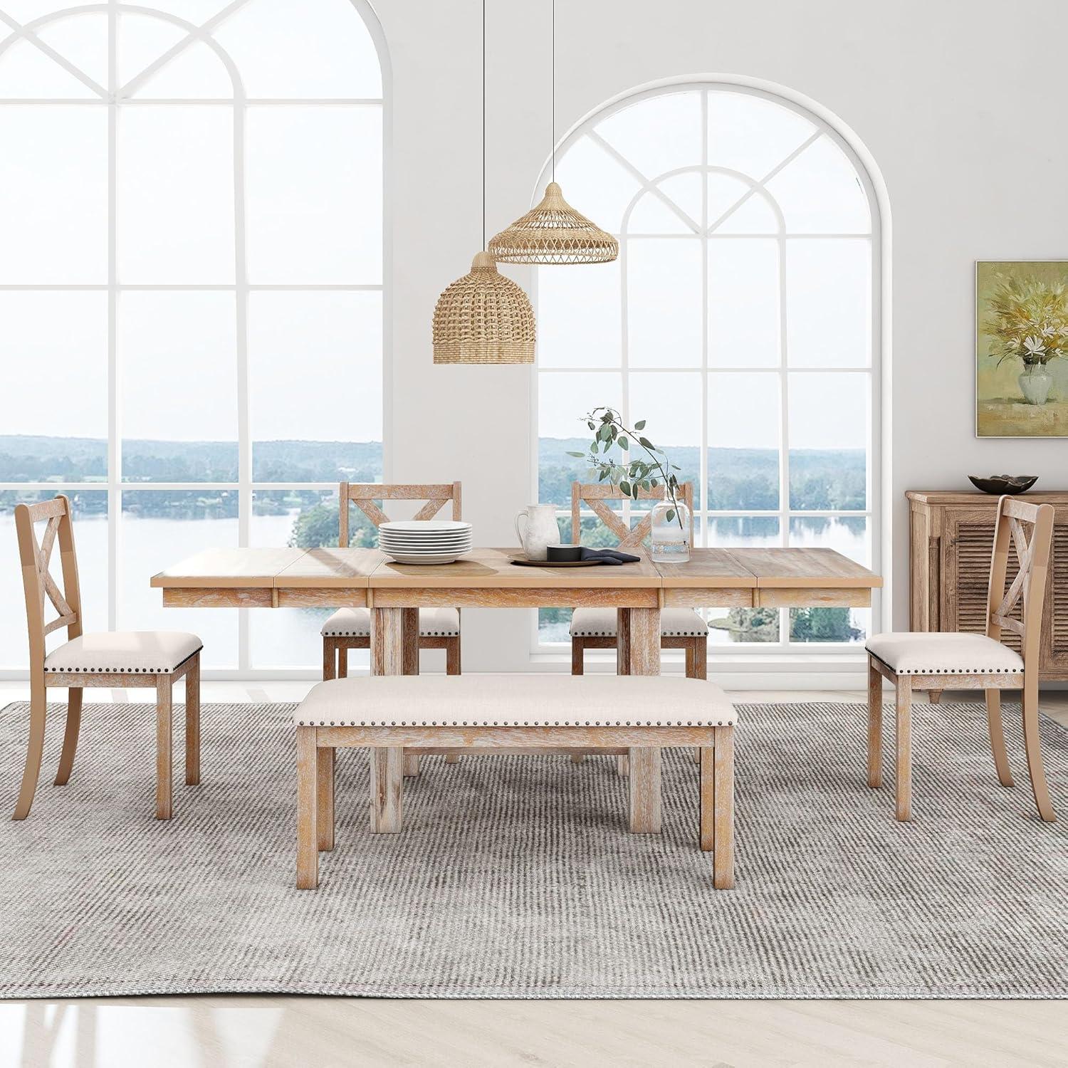 Linique 6-Piece Extendable Dining Table Set, Farmhouse Dining Table with Footrest, 2 Removable Leaf, 4 Upholstered Dining Chairs & 1 Bench, Natural+Beige Cushion