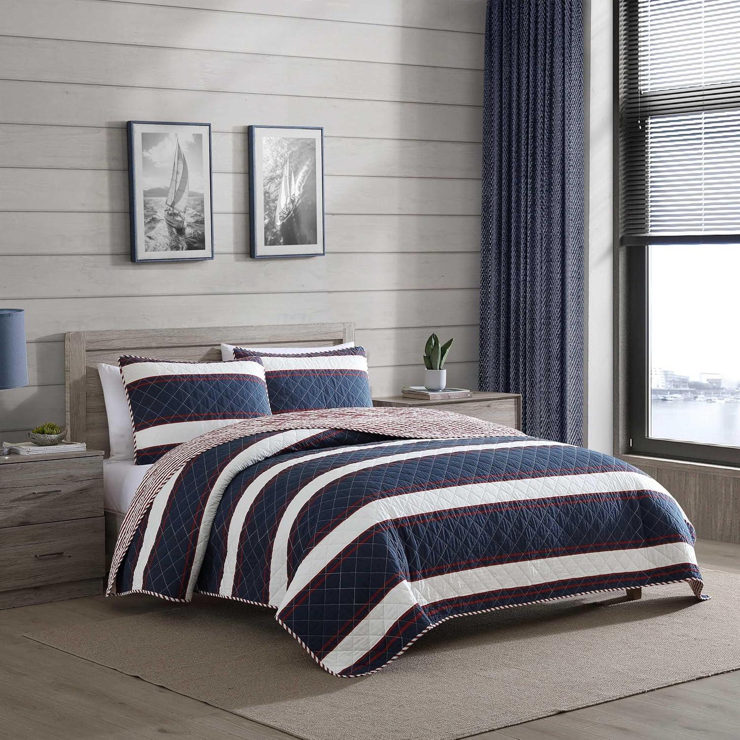 Nautica Nautica Wesley Blue Cotton Reversible Quilt Set
