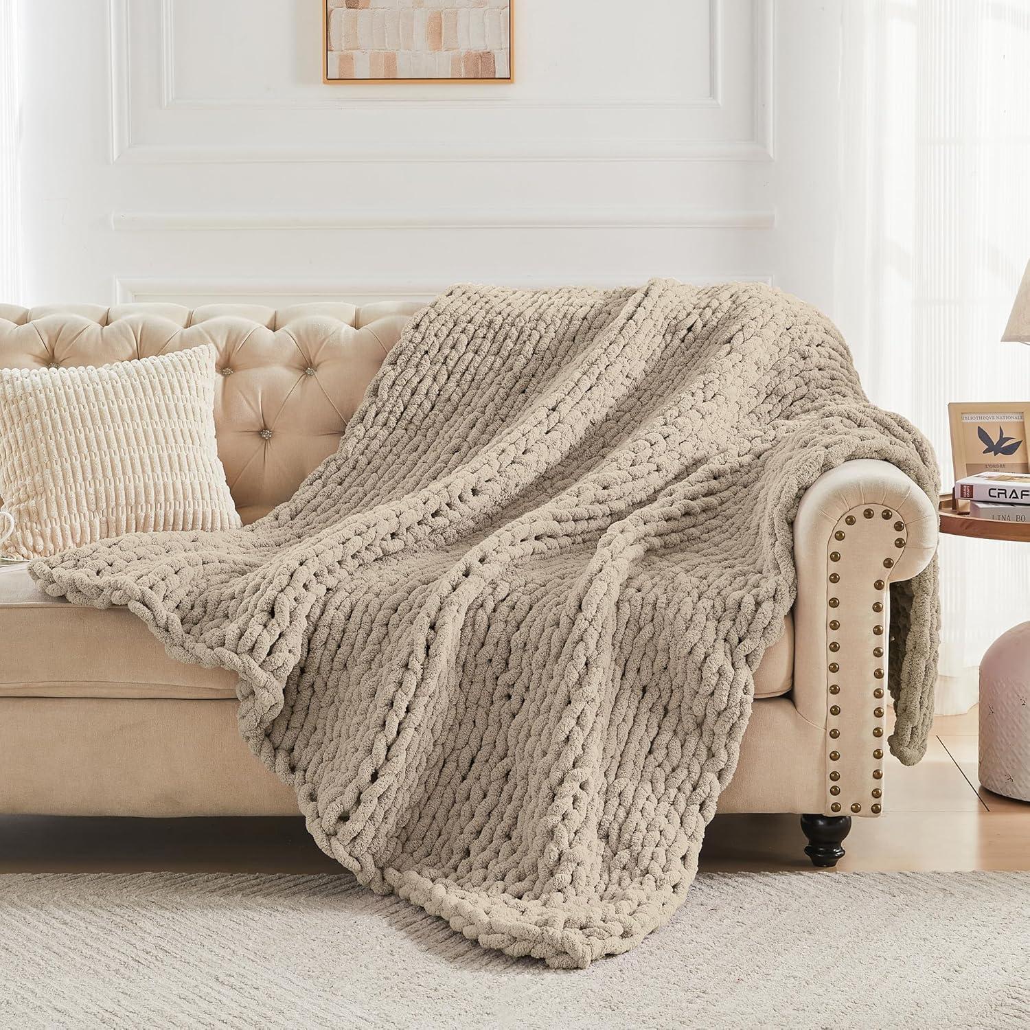 Carriediosa Chunky Knit Throw Blanket Handmade Soft Throws for Couch Sofa Bed, 50" x 60" Taupe
