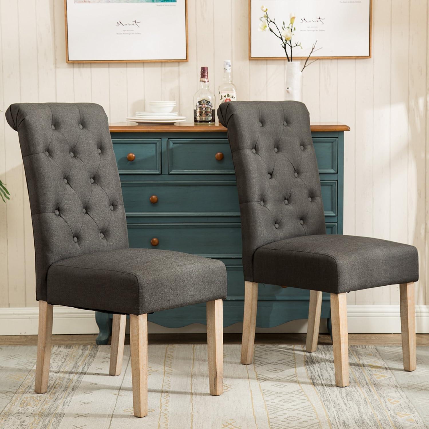 Roundhill Furniture Habit Solid Wood Tufted Parsons Dining Chair, Charcoal, Set of 2
