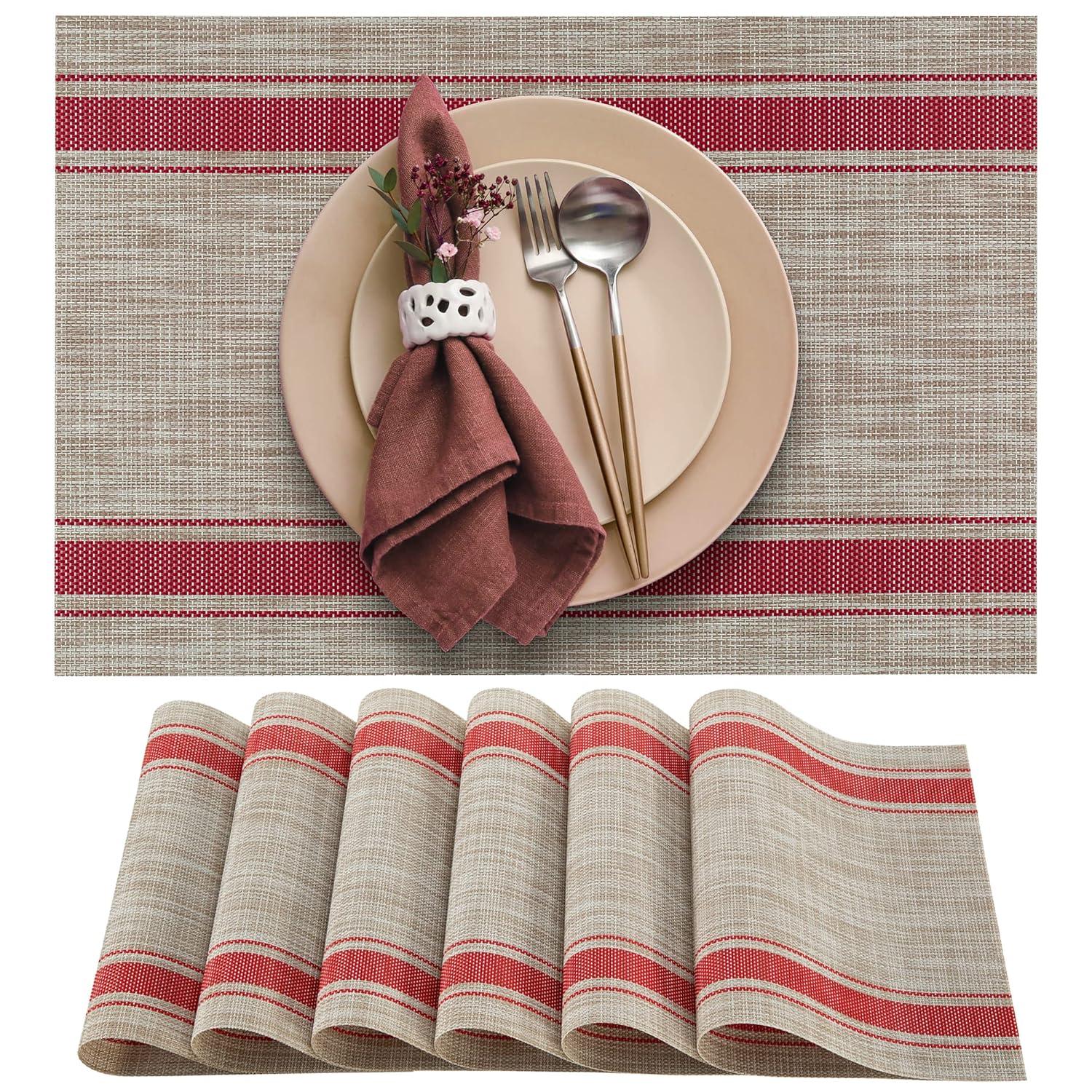 More Décor Dining Table Placemats, Washable Heat-Resistant PVC Vinyl Table Mats for Dining Room and Kitchen, Anti-Slip - Set of 6 - Horizontal Striped Red - Grey