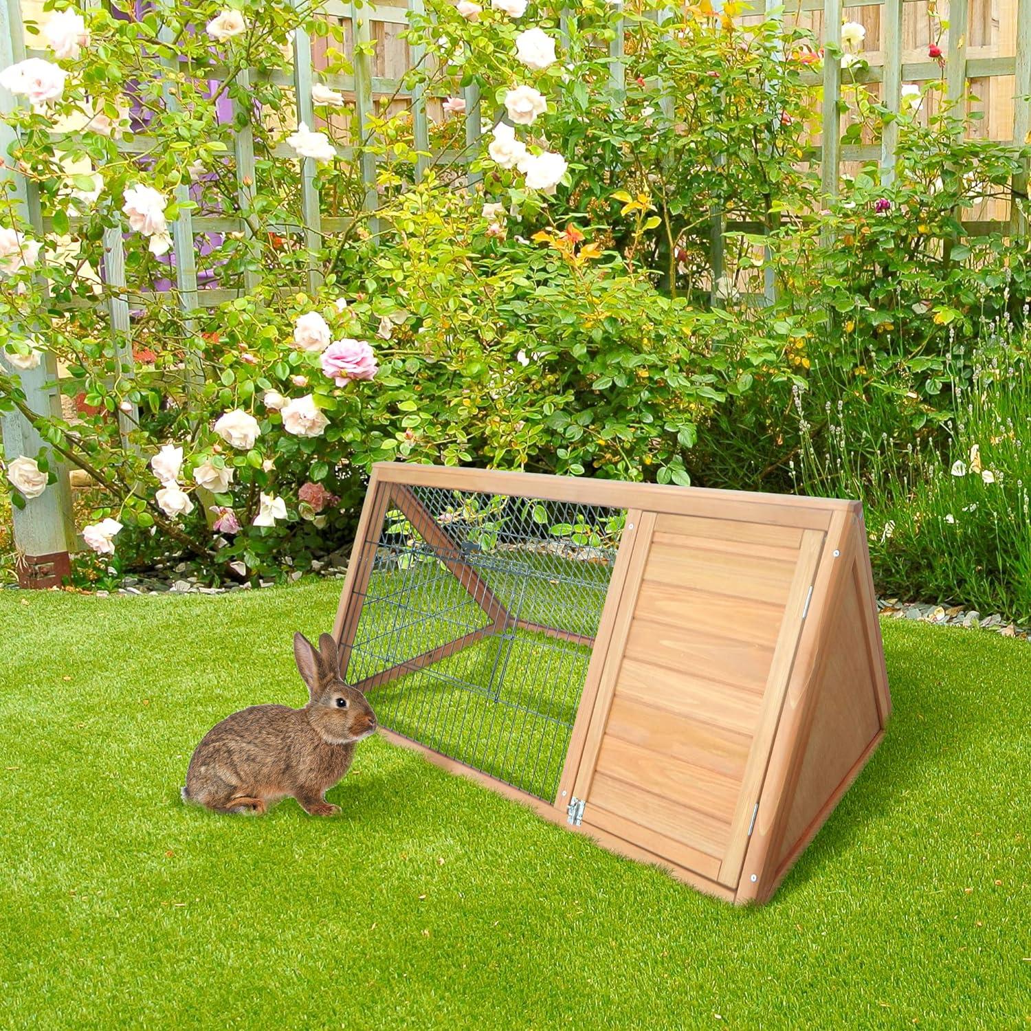 PawHut 46" x 24" Wooden A-Frame Outdoor Rabbit Cage Small Animal Hutch with Outside Run & Ventilating Wire