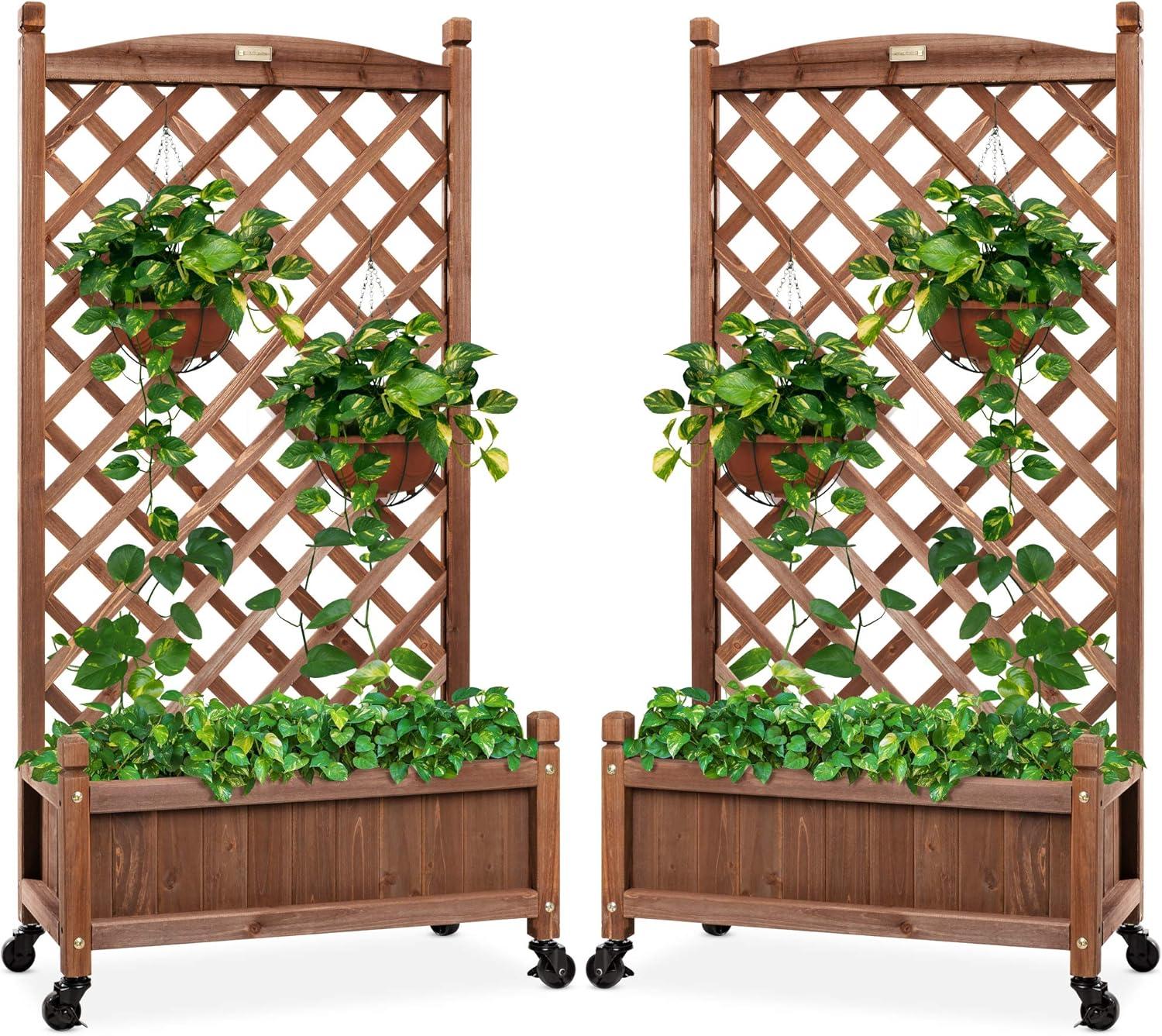 Best Choice Products Set of 2 48in Wood Planter Box & Diamond Lattice Trellis, w/ Drainage, Optional Wheels - Walnut