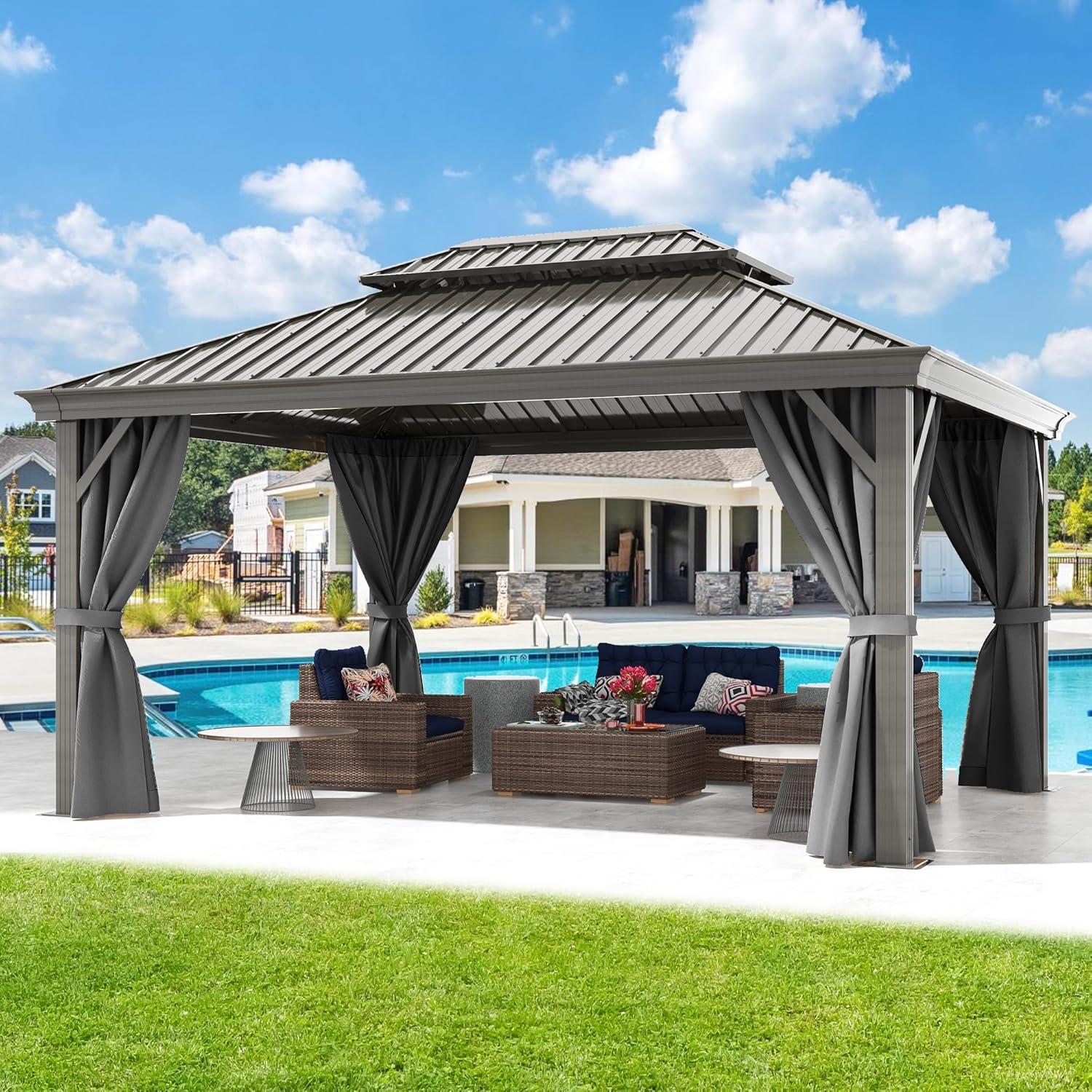 Sunmthink 12' x 16' Outdoor Hardtop Gazebo, Galvanized Double Roof Gazebo with Curtain and Netting for Patio, Garden, Lawn, Party