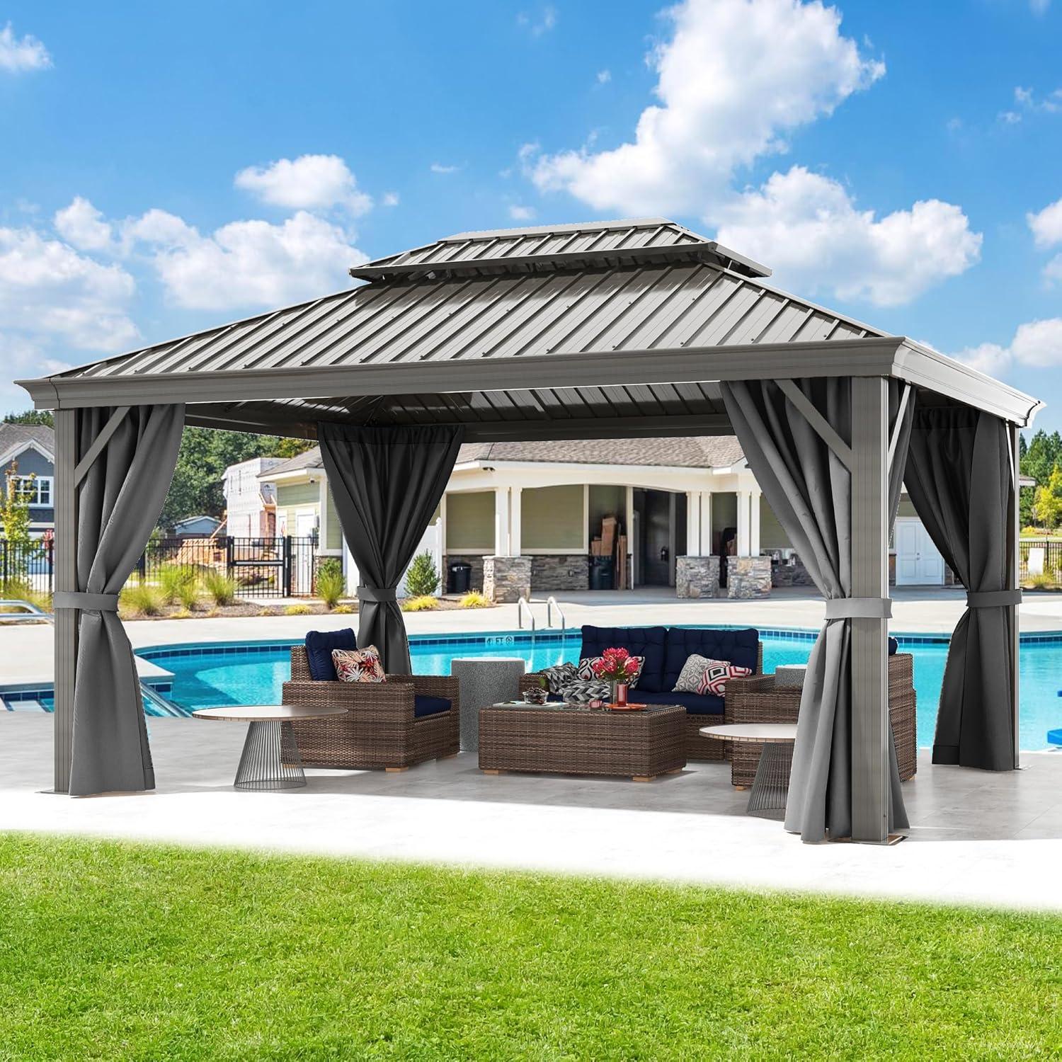 Kozyard Kozyard Alexander Gray Double Roof Hardtop Gazebo with Privacy Curtain Mosquito Netting