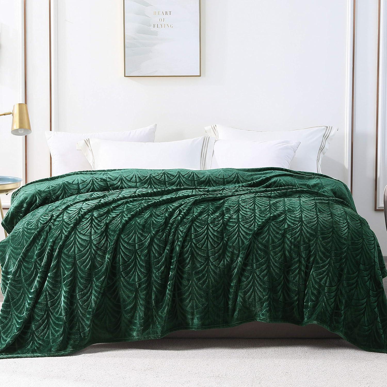 Whale Flotilla Flannel Fleece Queen Size(90x90 Inch) Lightweight Bed Blanket, Soft Velvet Bedspread Plush Fluffy Coverlet Palm Leaf Design Decorative Blanket for All Seasons, Dark Green…