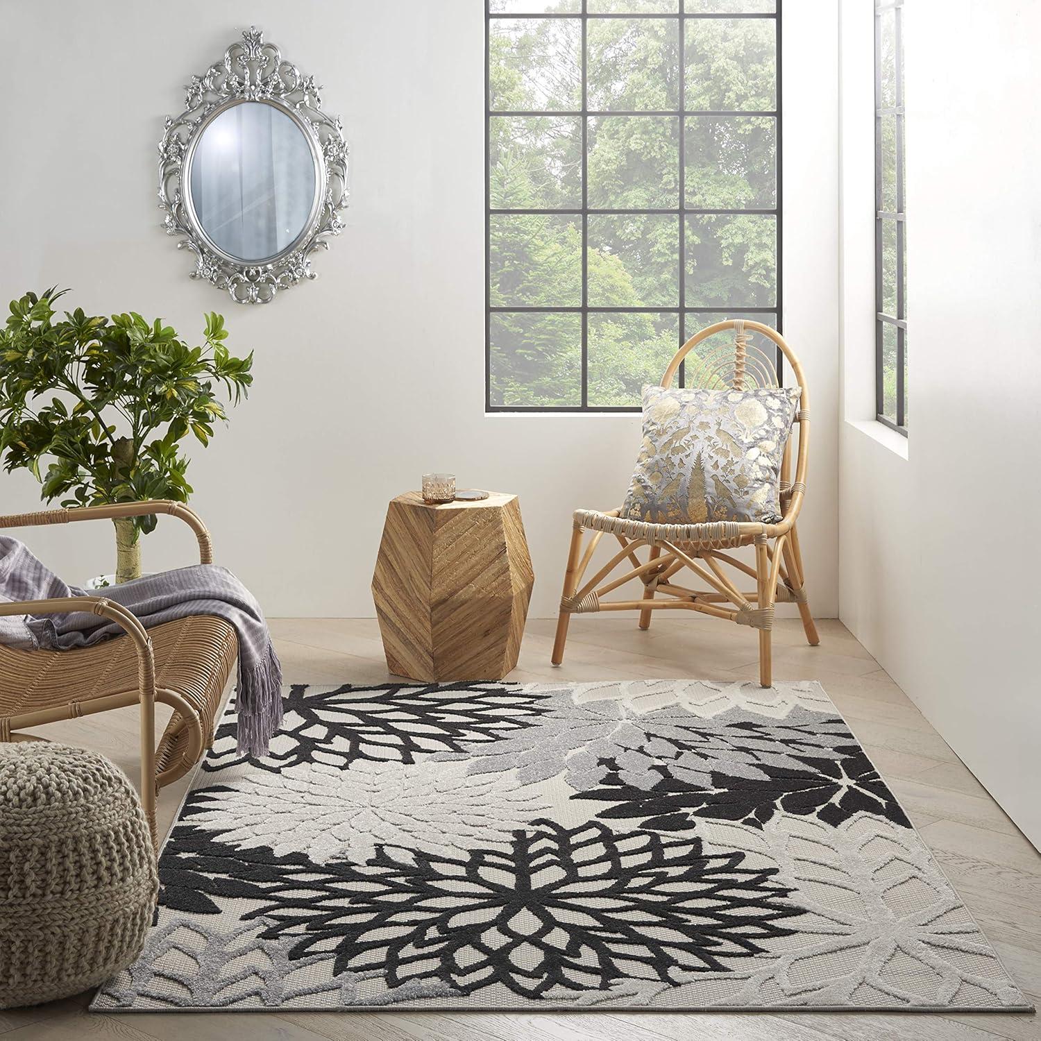 Nourison Aloha Floral Bloom Flatweave High-Low Indoor Outdoor Area Rug Black White 6' x 9'