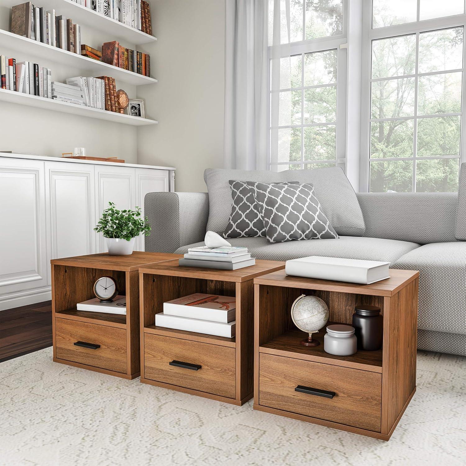 Brown Wood Stackable Cube End Table with Drawer