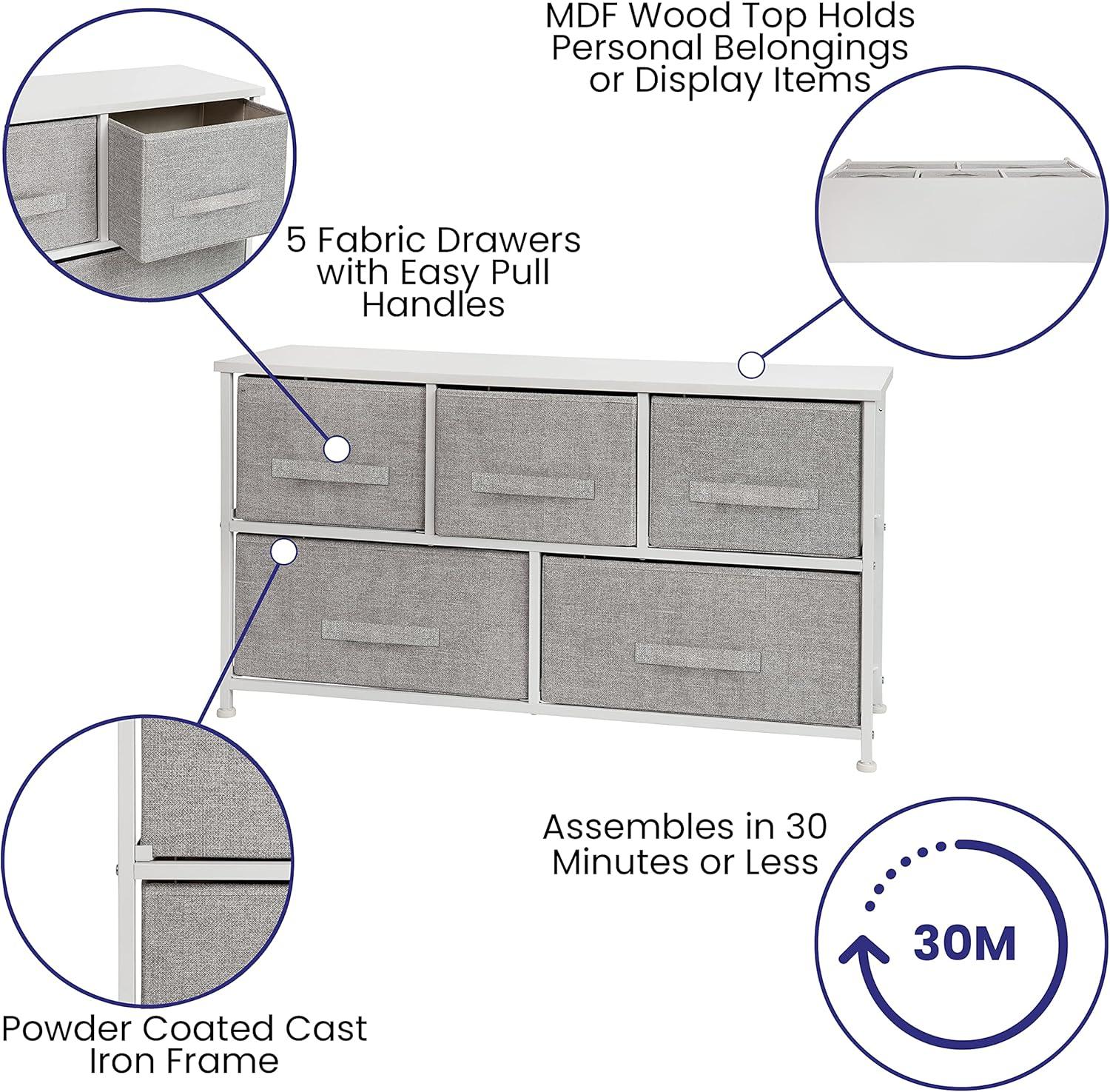 Flash Furniture 5 Drawer Wood Top White Cast Iron Frame Vertical Storage Dresser with Light Gray Easy Pull Fabric Drawers
