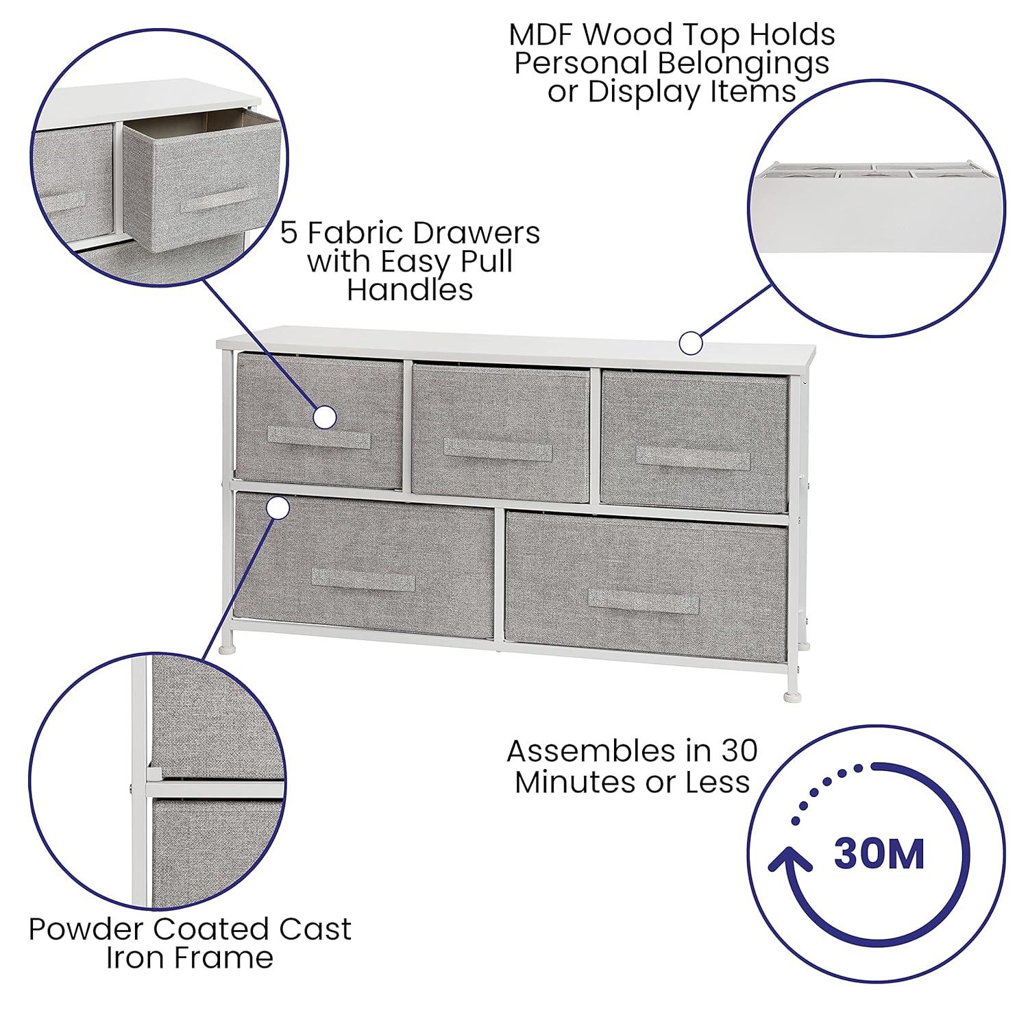 Flash Furniture 5 Drawer Wood Top White Cast Iron Frame Vertical Storage Dresser with Light Gray Easy Pull Fabric Drawers