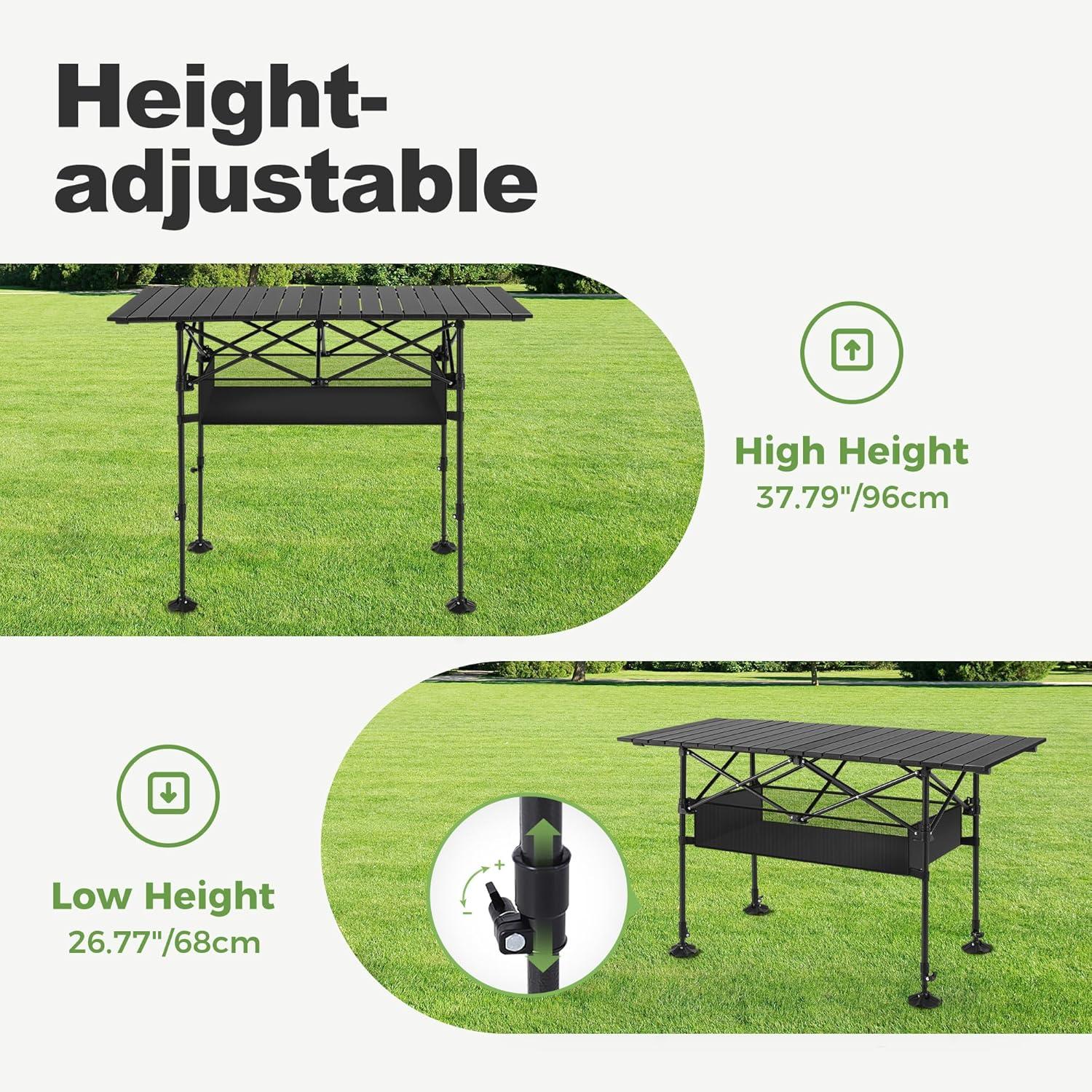 Folding Camping Table, Portable Aluminum Roll-Up Picnic Backpacking Table With Adjustable Height, Large Storage And Carrying Bag For Picnic, Camping, BBQ, Party, Backyard, Beach