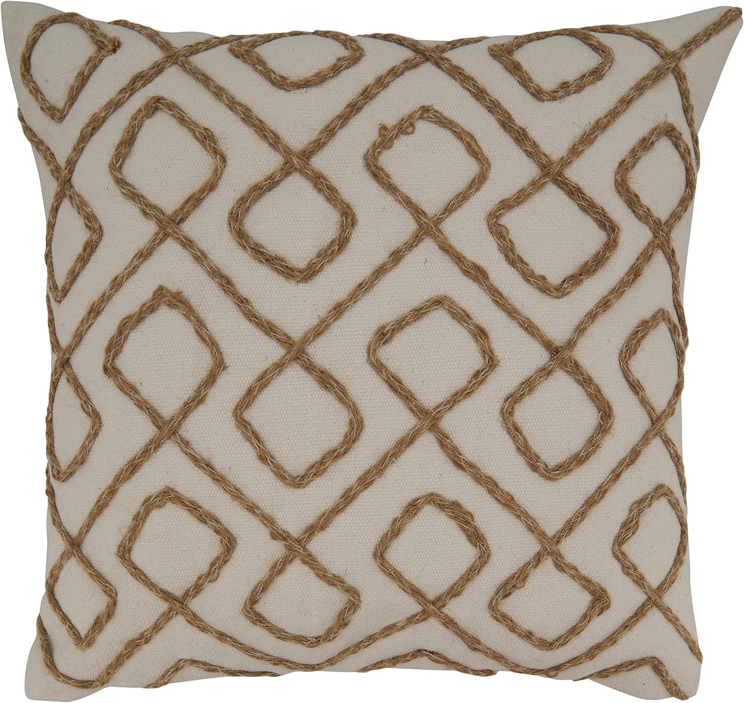 18'' White and Jute Embroidered Square Throw Pillow