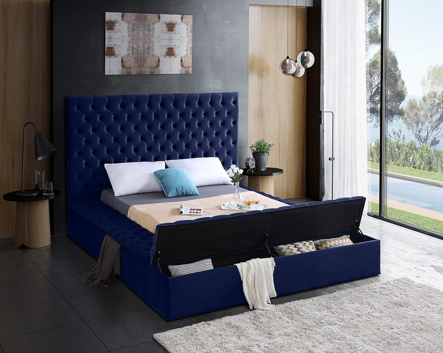 Bliss Navy Velvet King Bed (3 Boxes)-Color:Navy Velvet,Style:Contemporary