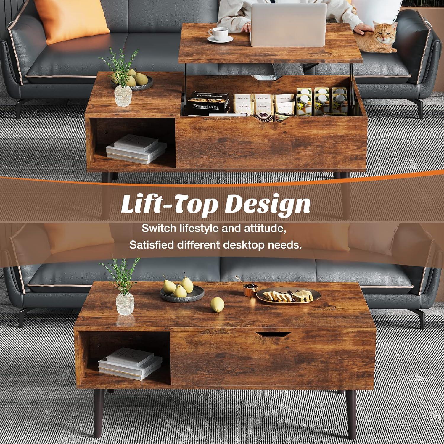 WM Modern Lift Top Coffee Table Wooden Furniture with Storage Shelves and Hidden Compartments