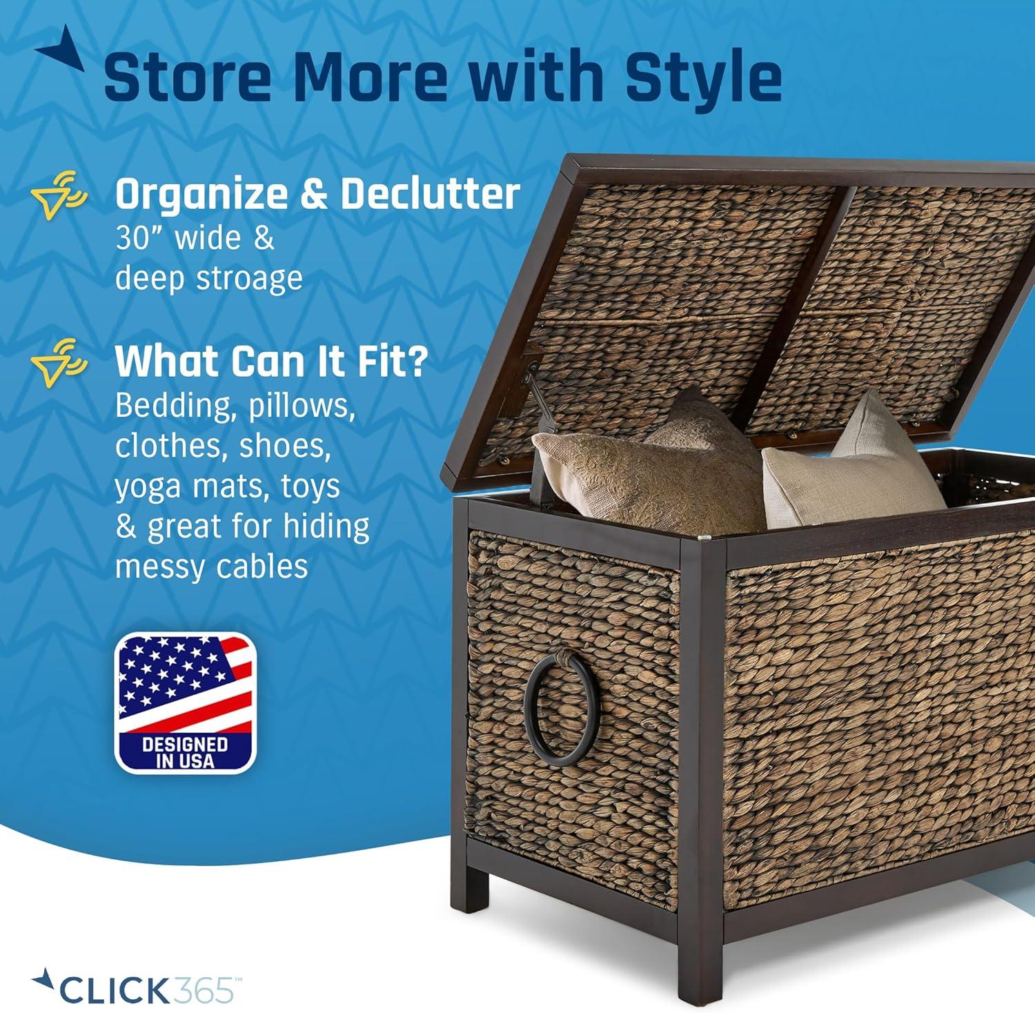 ClickDecor Wilson Storage Trunk Rustic Wicker Black: Farmhouse Style, No Assembly, Anti-Tip Hardware, 18x30x16"