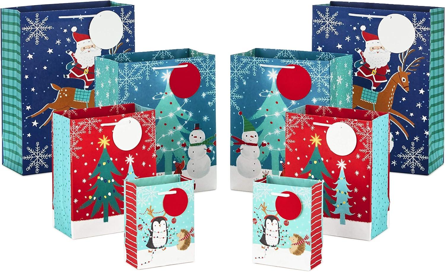 Assorted Christmas Gift Bags with Festive Designs, 8-Pack