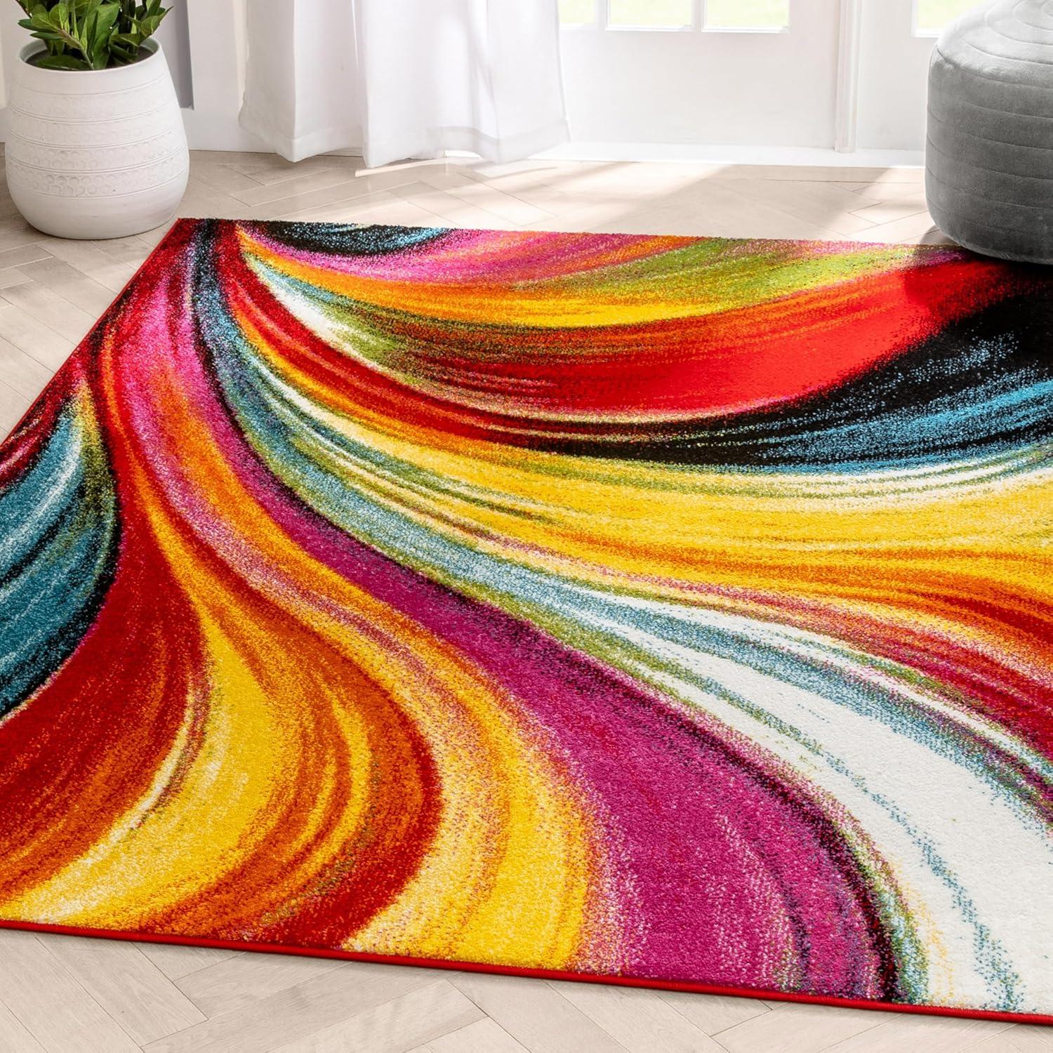 Well Woven Aurora Swirl Lines Modern Geometric Abstract Brush Stroke Painting Art Stripe 3'3" x 5' Multi Area Rug