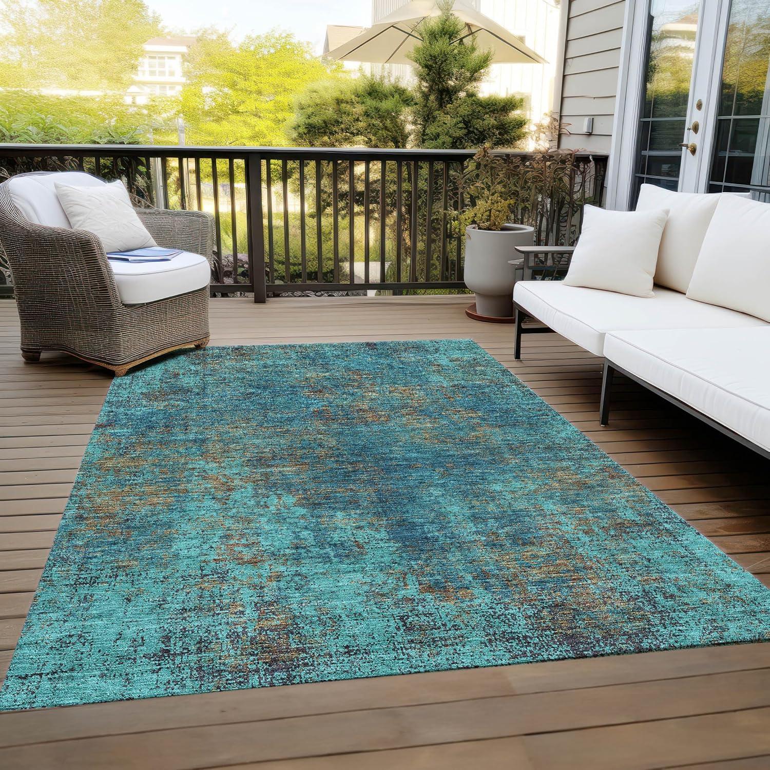 Teal Abstract Flat Woven Indoor Outdoor Area Rug