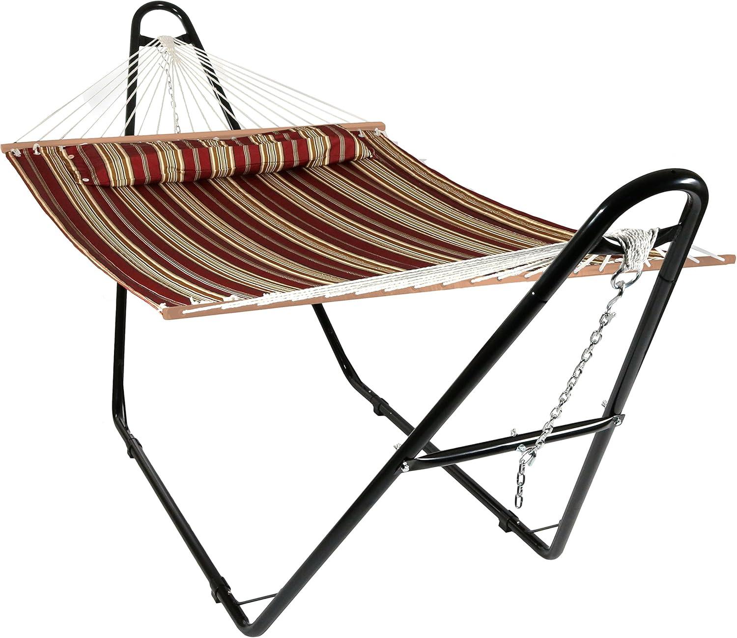 Sunnydaze Double Quilted Fabric Hammock with Universal Steel Stand - 450-Pound Capacity - Red Stripes