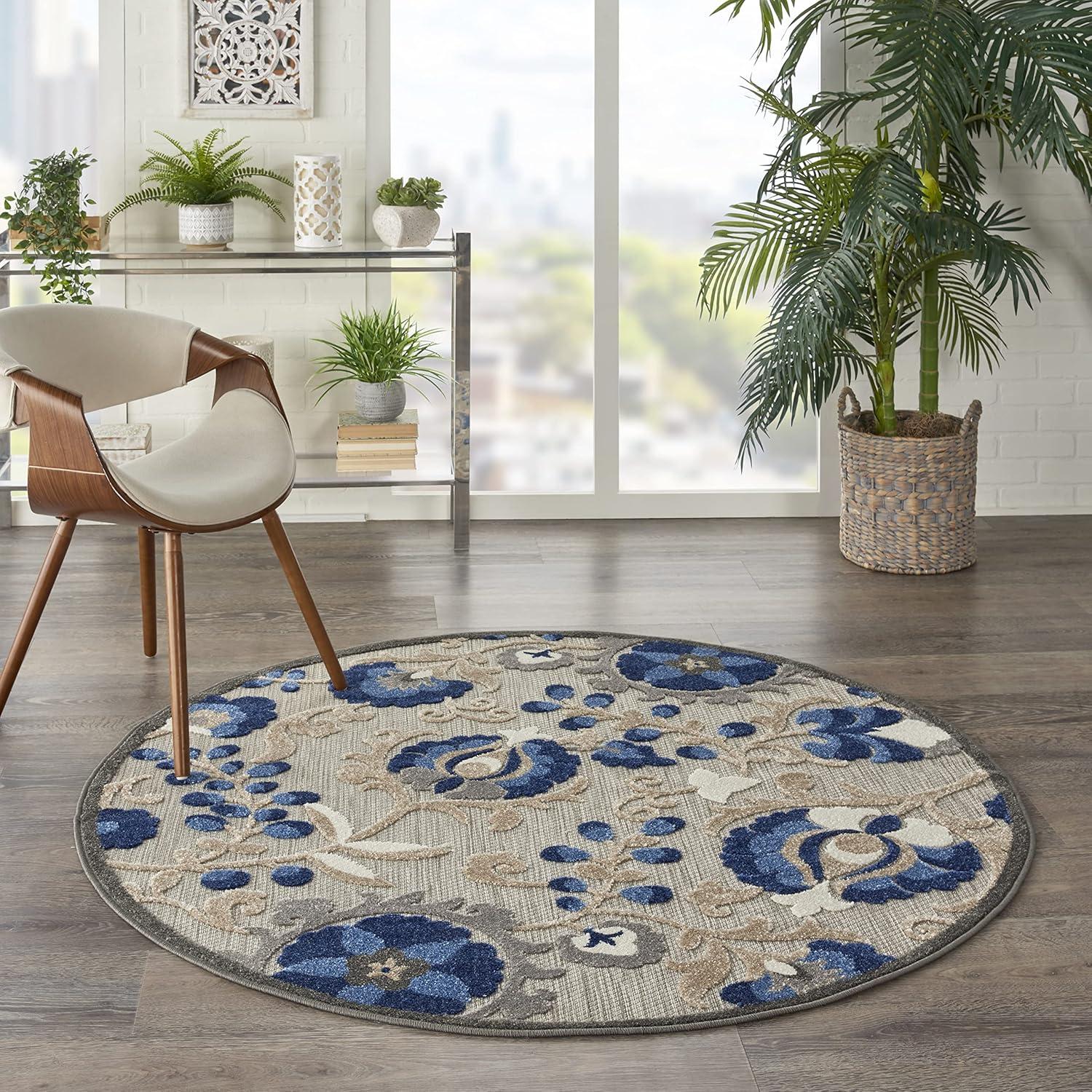 Nourison Aloha Floral Textured Flatweave High-Low Indoor Outdoor Round Rug Natural/Blue 5'3" x 5'3"