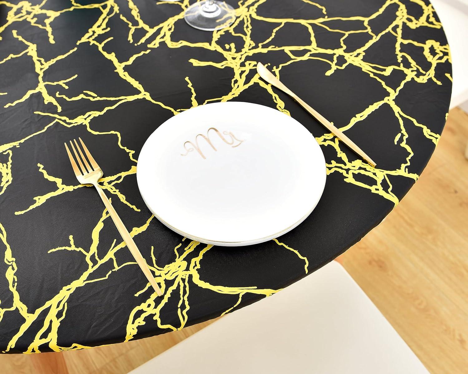 Rally Home Goods Indoor Outdoor Patio Round Fitted Vinyl Tablecloth, Flannel Backing, Elastic Edge, Waterproof Wipeable Plastic Cover, Beige Marble Pattern for 5-Seat Table of 36-42’’ Diameter