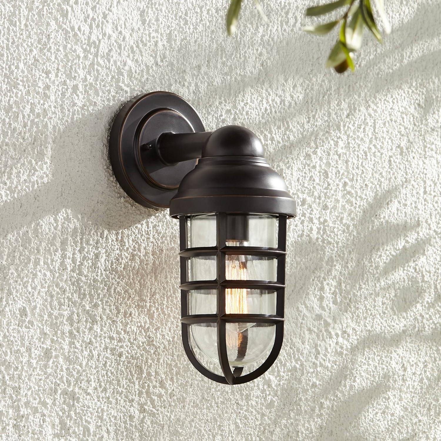 John Timberland Marlowe Industrial Outdoor Wall Light Fixture Galvanized Metal Cage 13 1/4" Clear Glass for Post Exterior Barn Deck House Porch Yard