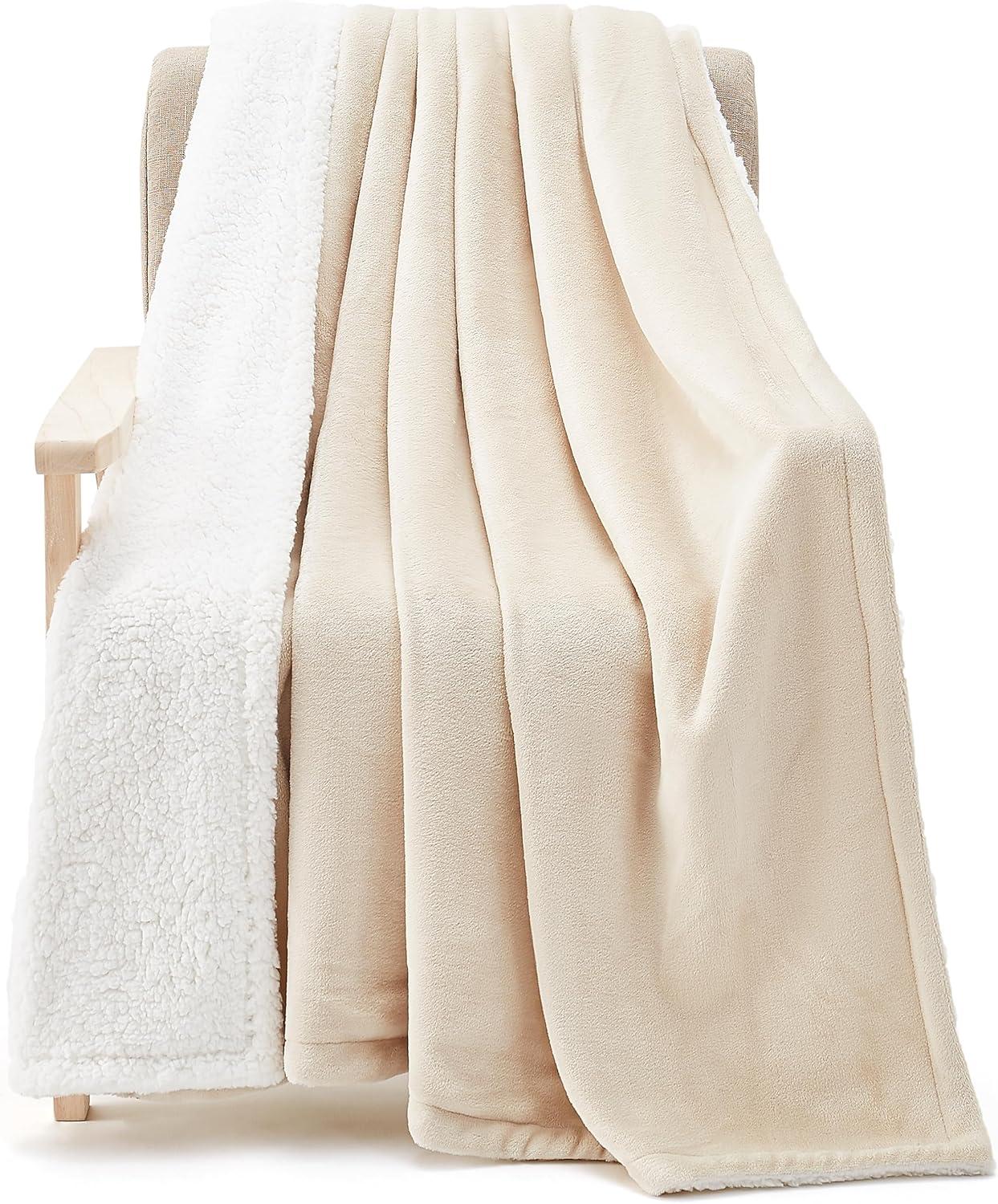 Beige Reversible Fleece and Sherpa Kids Throw Blanket