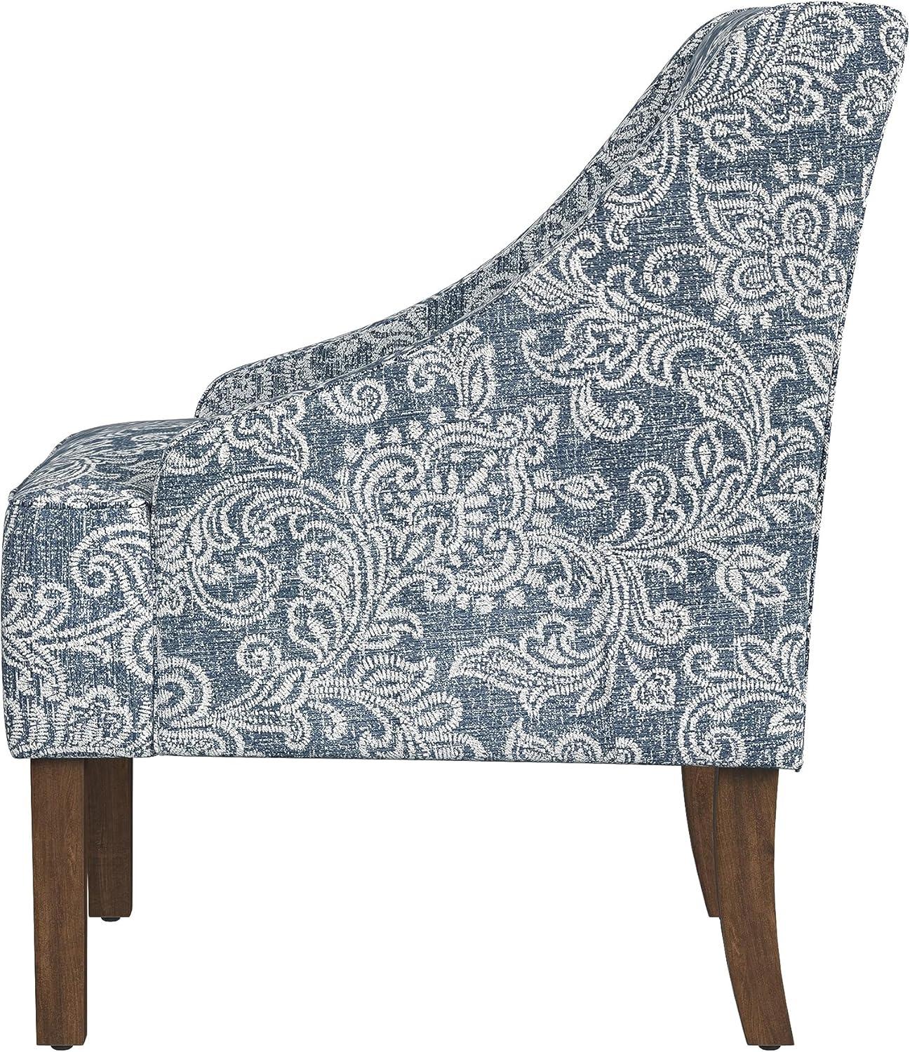 Blue Denim Jacobean Print Swoop Arm Accent Chair with Wood Legs