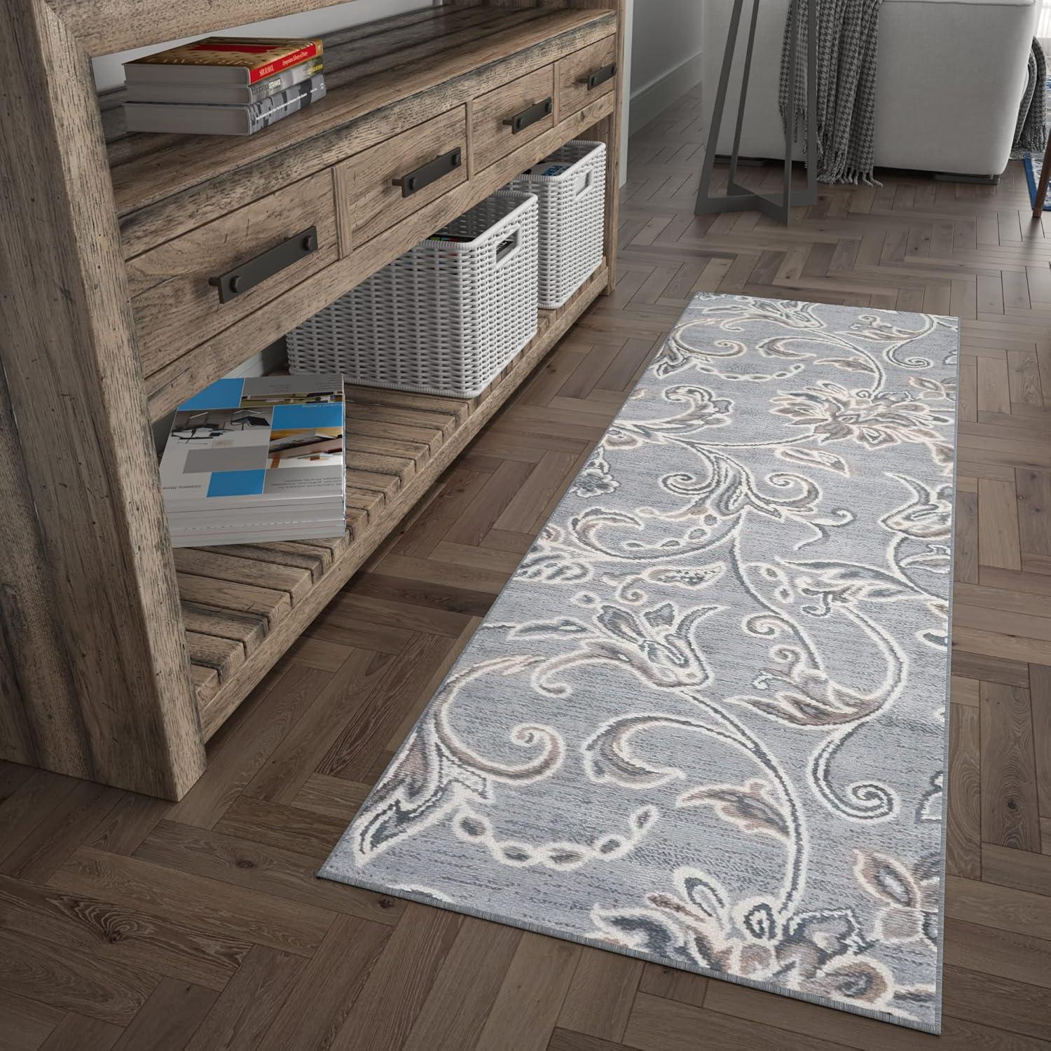 Gray Floral Reversible Synthetic Runner Rug, 2' x 10'