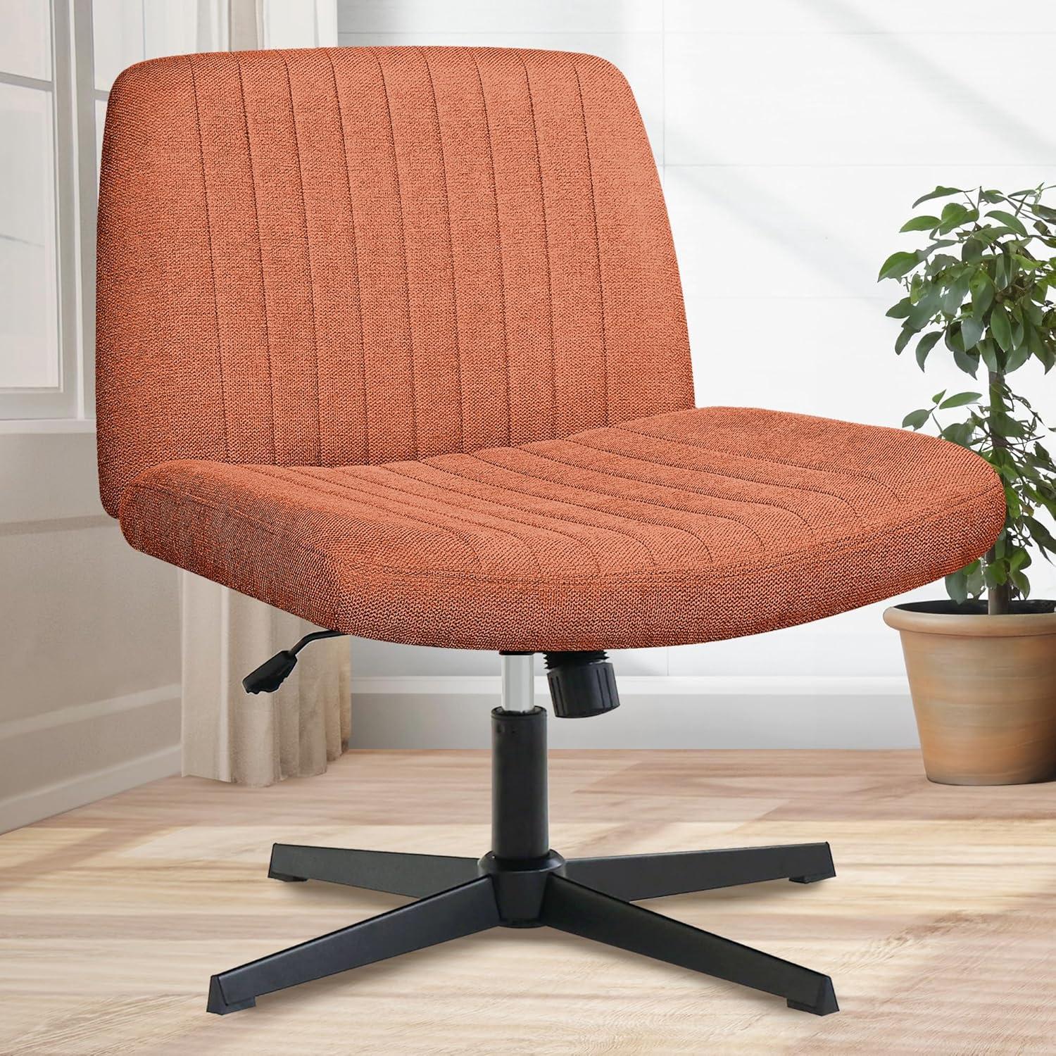 Orange Factory Brown Office Chair, Armless Criss Cross Legged Chair No Wheels, Comfy Home Office Desk Chairs, Adjustable Swivel Padded Fabric Vanity Task Computer Chair