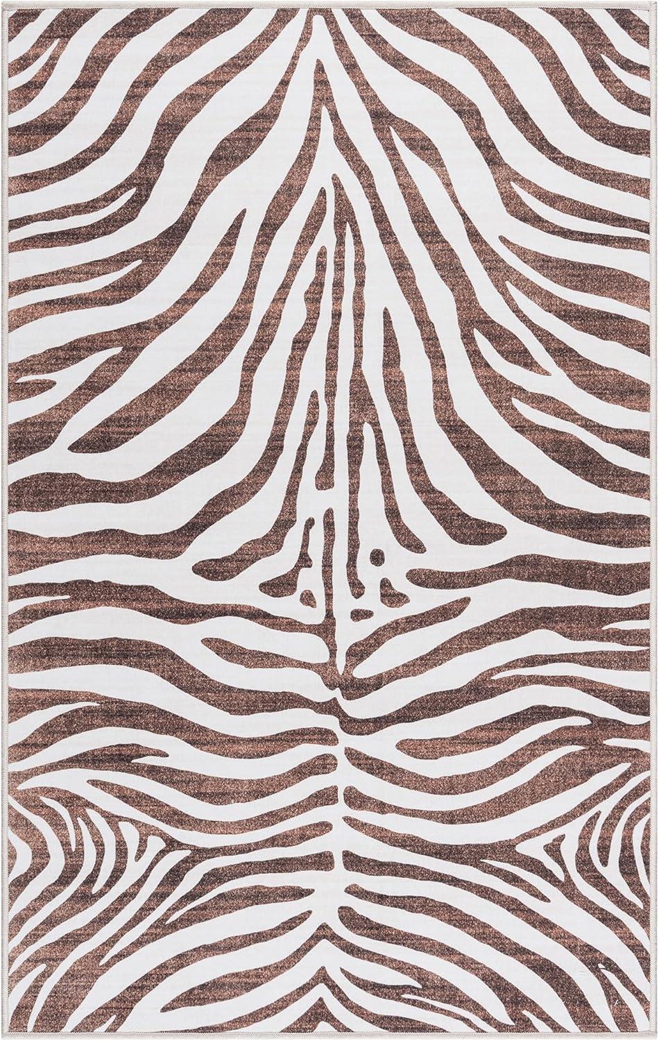 Gertmenian Crystal Print Zebra Modern Animal Print Brown Cream Washable Flat Pile Indoor Area Rug