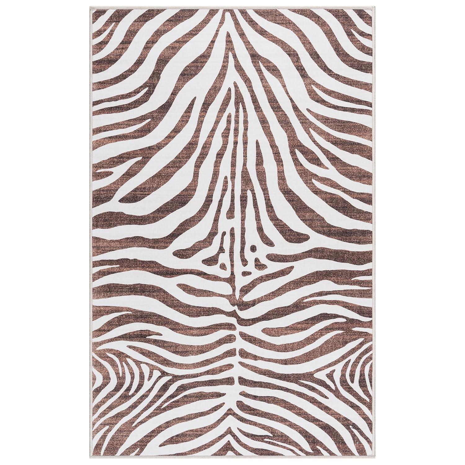 Gertmenian Crystal Print Zebra Modern Animal Print Brown Cream Washable Flat Pile Indoor Area Rug