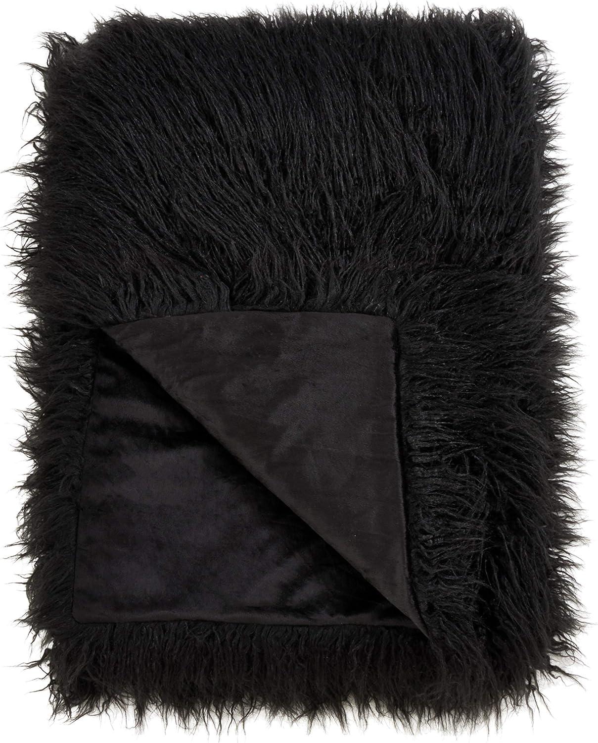 50"x60" Faux Mongolian Fur Throw Blanket Black - Saro Lifestyle: Modern Polyester Backing, Year-Round Comfort