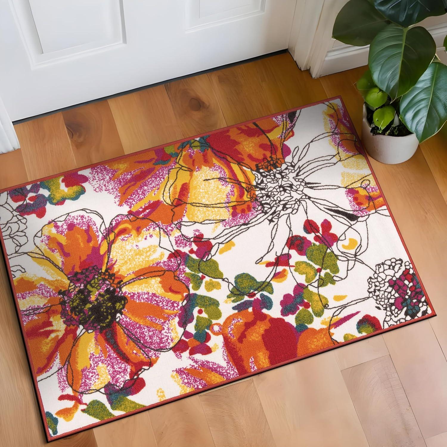 World Rug Gallery Modern Bright Flowers Non-Slip Area Rug