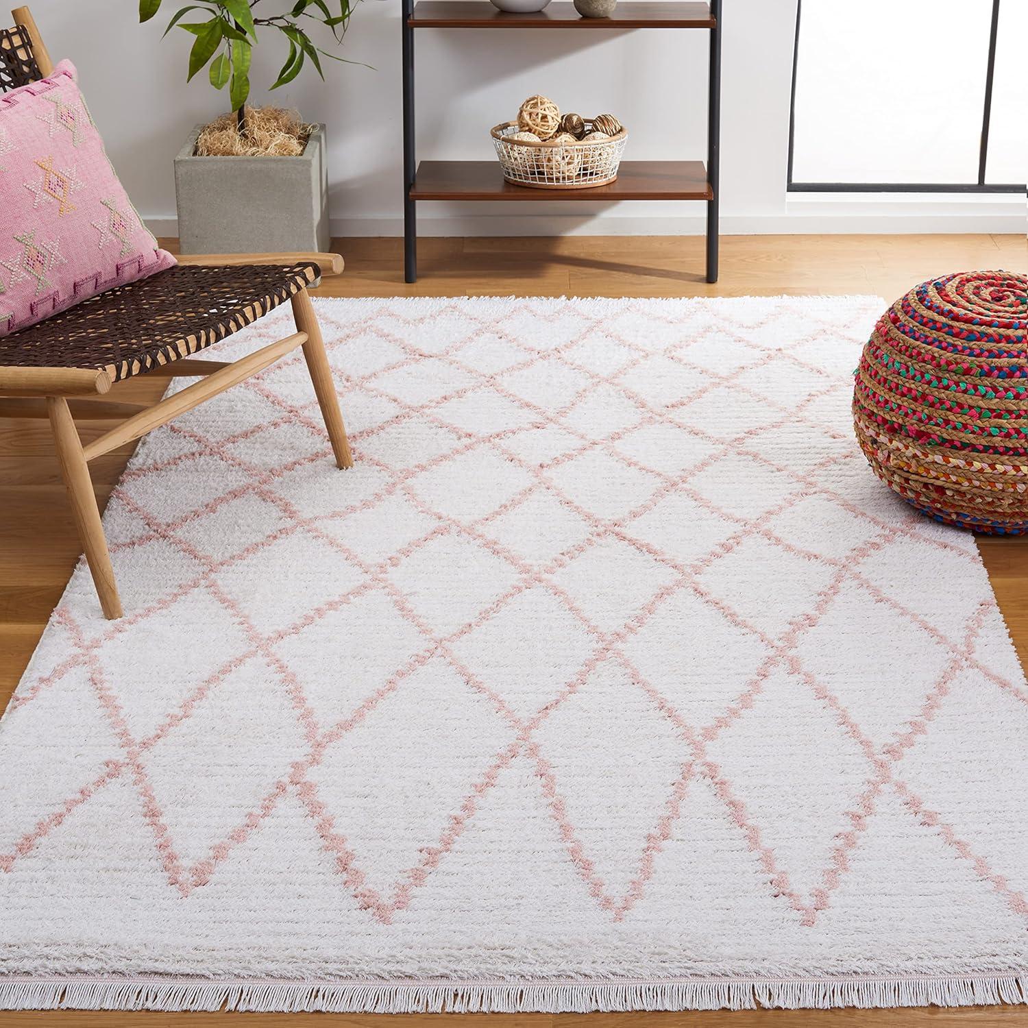 Ivory and Pink Flat Woven Synthetic Area Rug