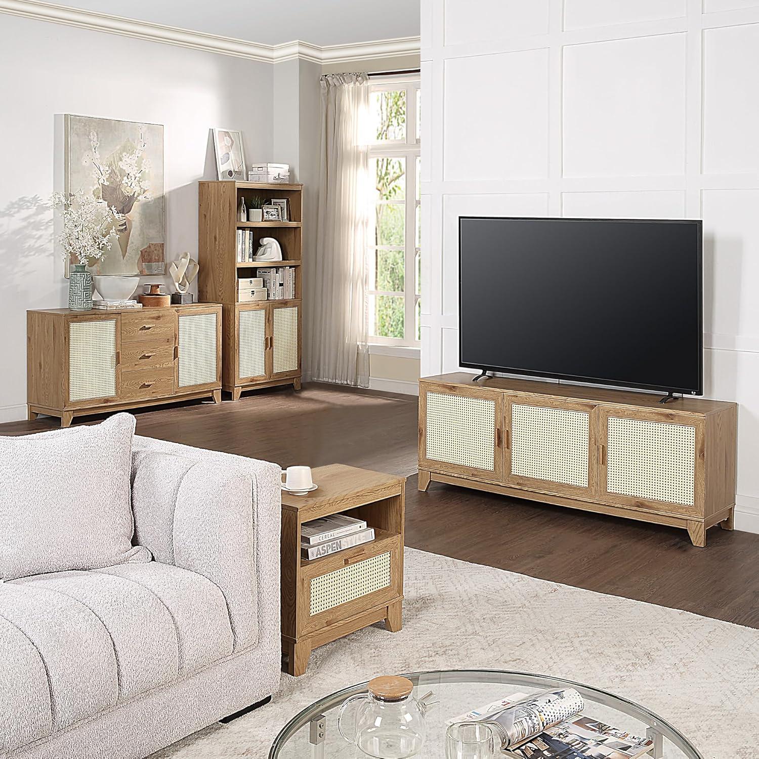Manhattan Comfort Sheridan Modern 6 Shelf Cane TV Stand for TVs up to 55" Natural: Media Console with Cable Management