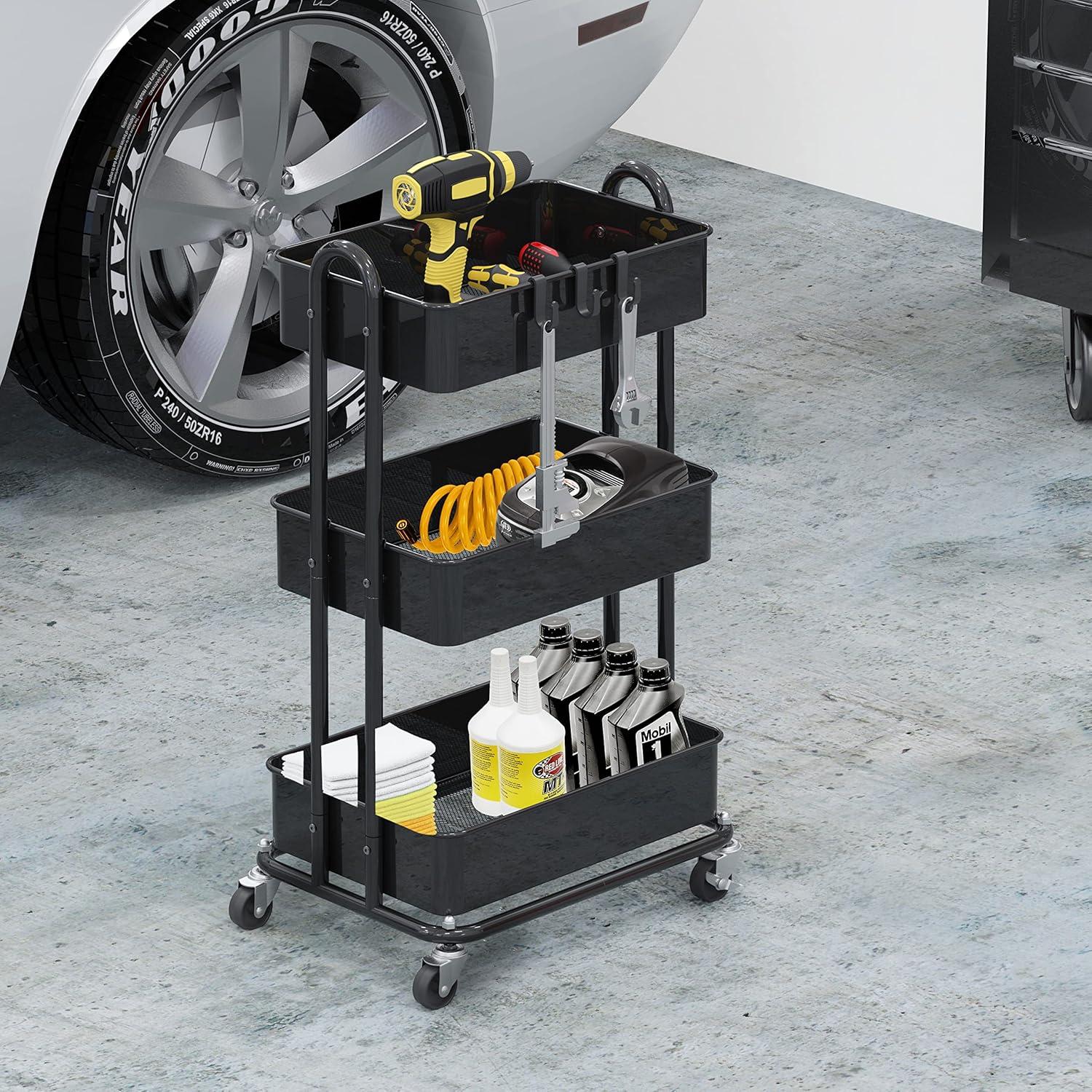 Black Heavy Duty 3-Tier Metal Utility Rolling Cart