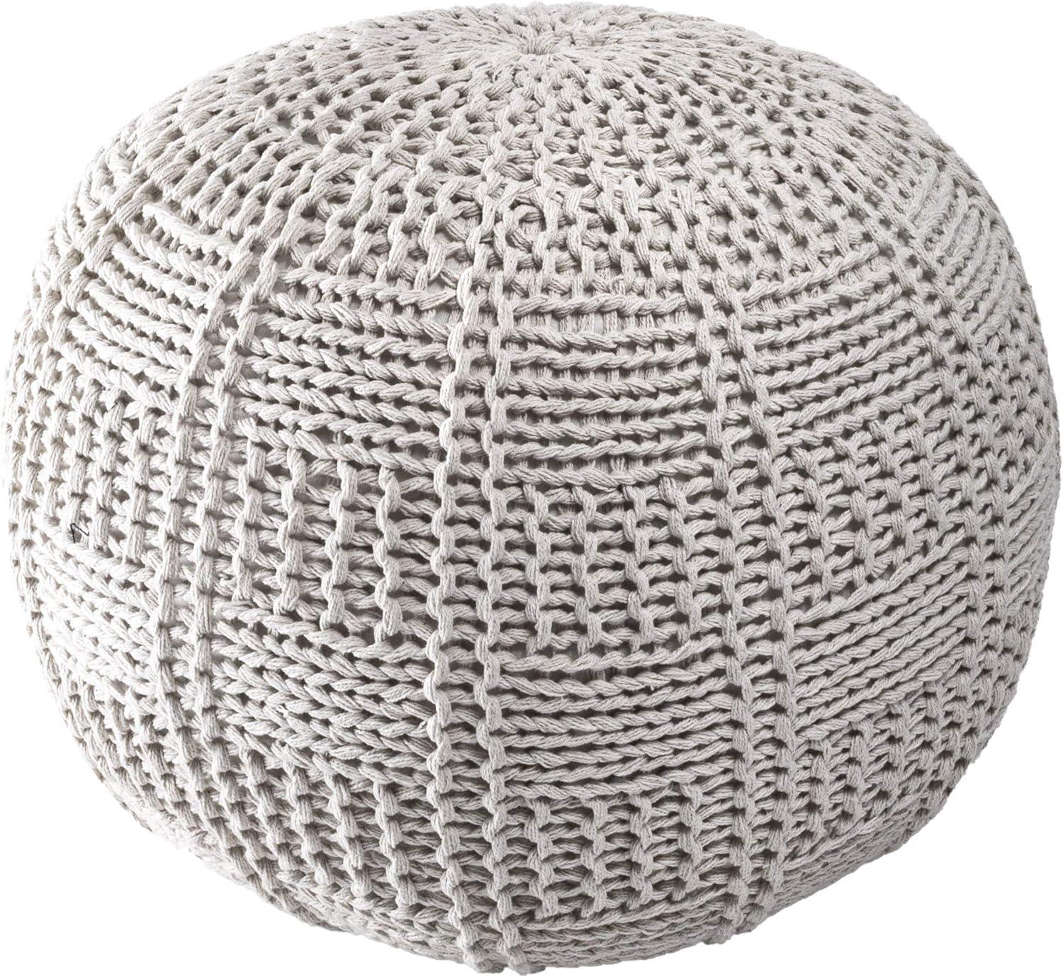 Casual Ivory Cotton Knitted 20'' Round Pouf Ottoman