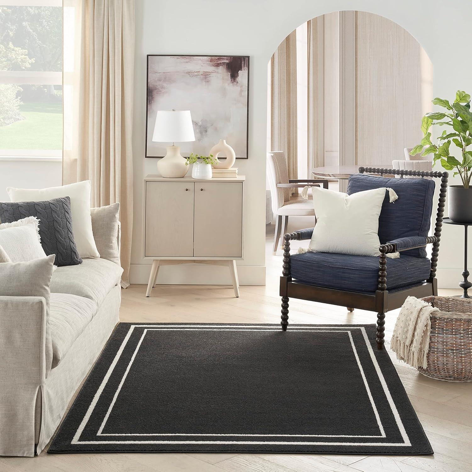 Nourison Essentials 4' x 6' Black Ivory Contemporary Bordered Indoor/Outdoor Area Rug
