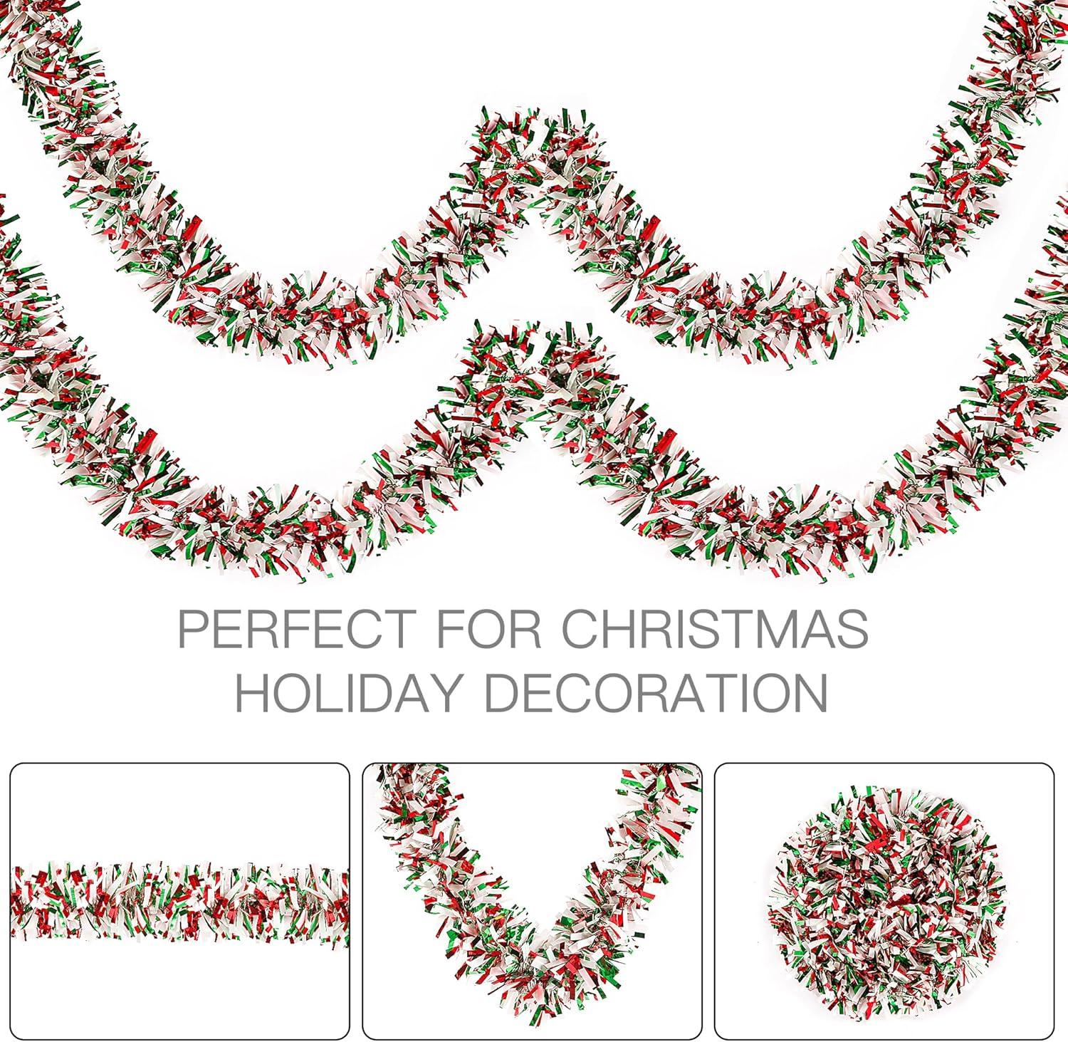 49.2in Christmas Green Red White Tinsel Garland Xmas Tree Decorations Christmas Metallic Twist Garland Ceiling Hanging Decorations for New Year Party Birthday Holiday Indoor Outdoor Supplies