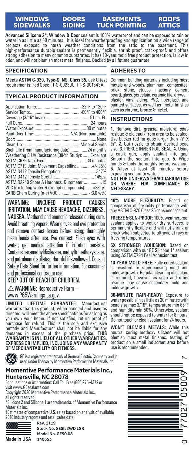 GE Advanced Silicone 2 Windows, Doors, Exteriors 10.1-oz Window door Light Gray Silicone Caulk
