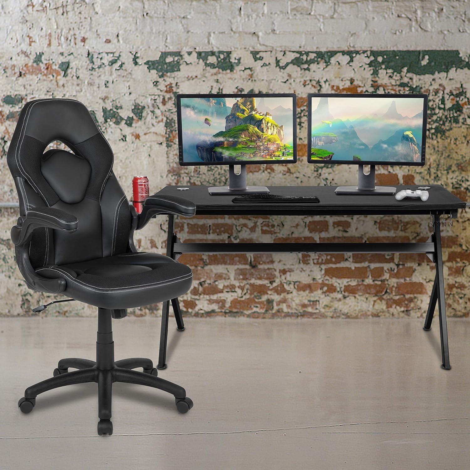 Flash Furniture Black Gaming Desk and Black Footrest Reclining Gaming Chair Set with Cup Holder, Headphone Hook & 2 Wire Management Holes