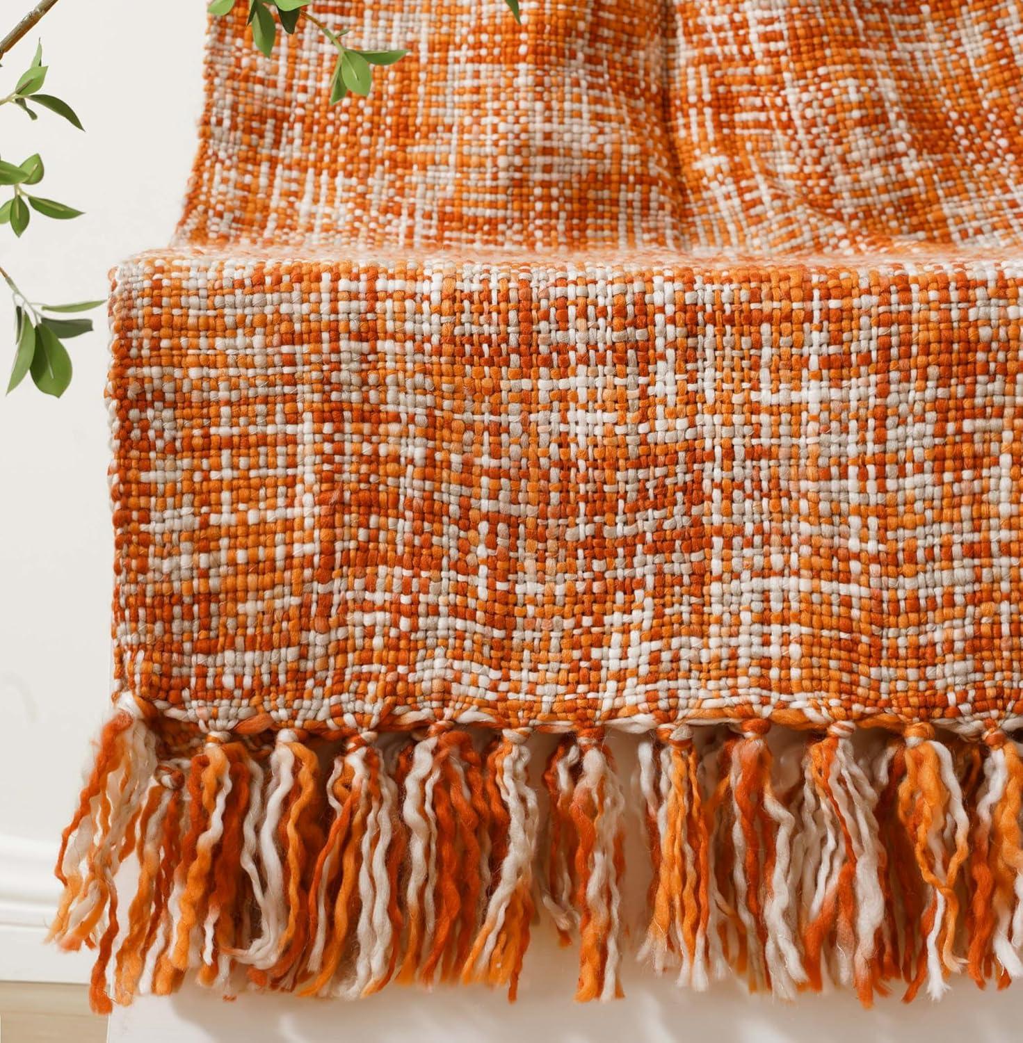 Orange Ochre Knitted Acrylic Throw Blanket with Fringes, 50"x60"