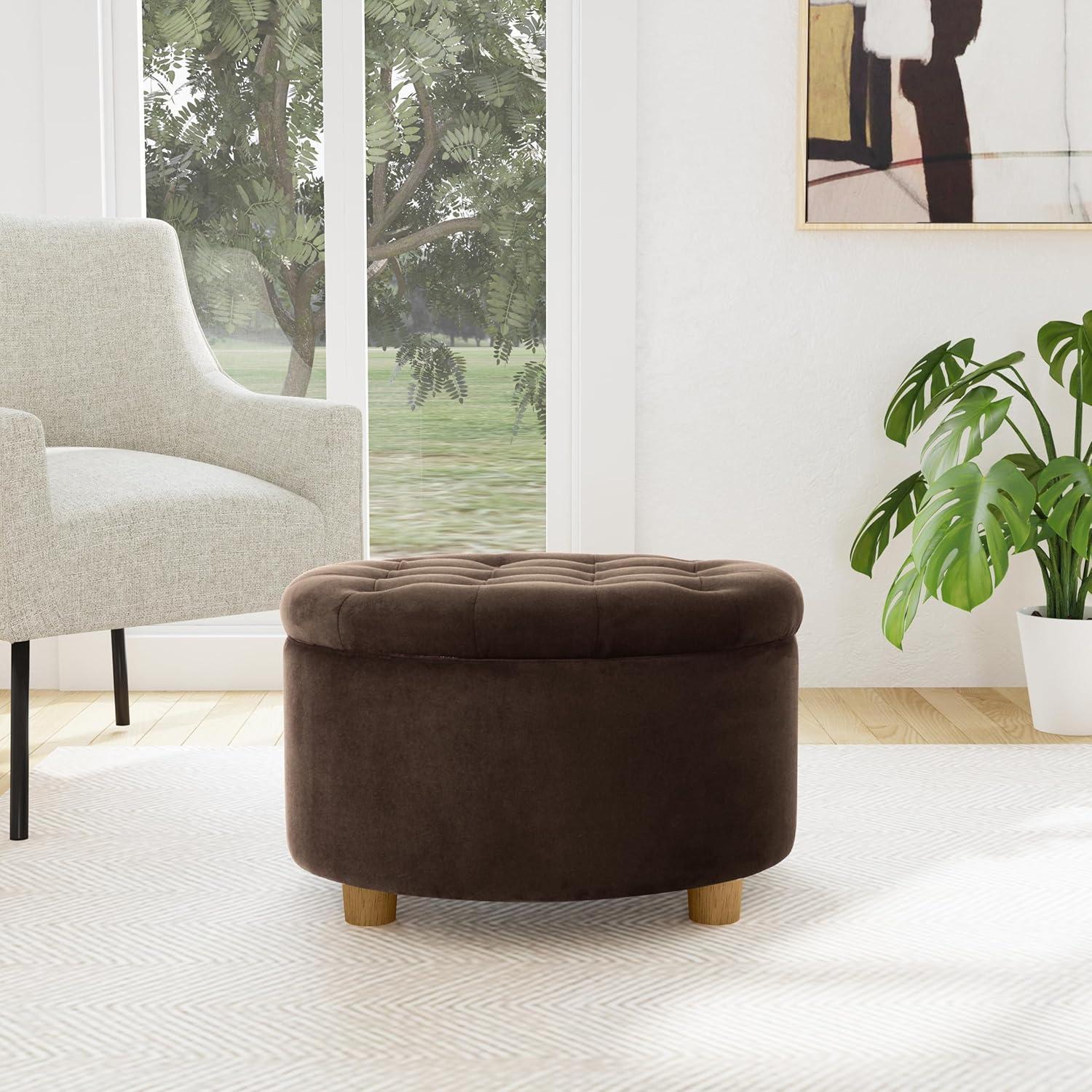 Tufted Round Storage Ottoman Velvet Brown - HomePop: Elegant Honey Oak Legs, Upholstered, Easy to Assemble
