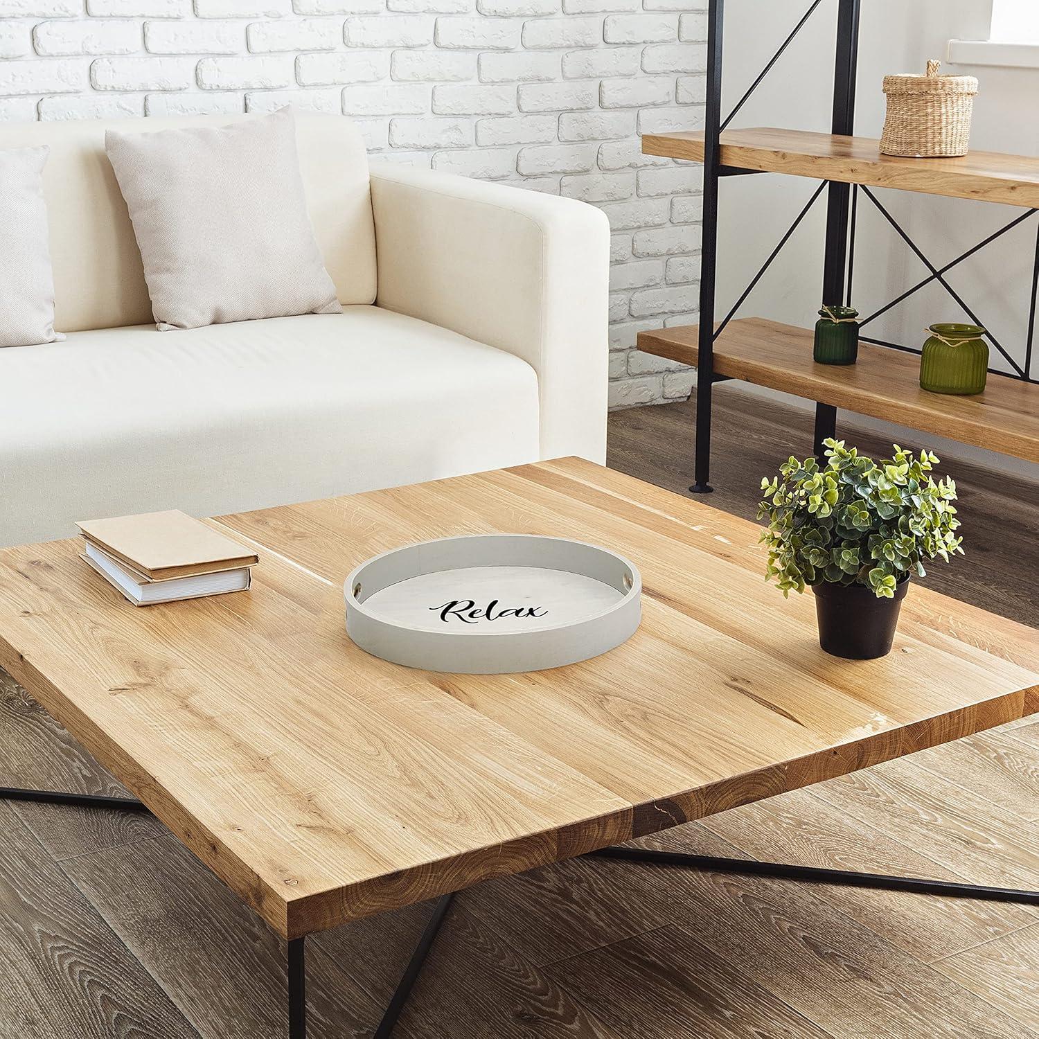 Elegant Designs Decorative 13.75" Round Wood Serving Tray w/ Handles, "Relax"