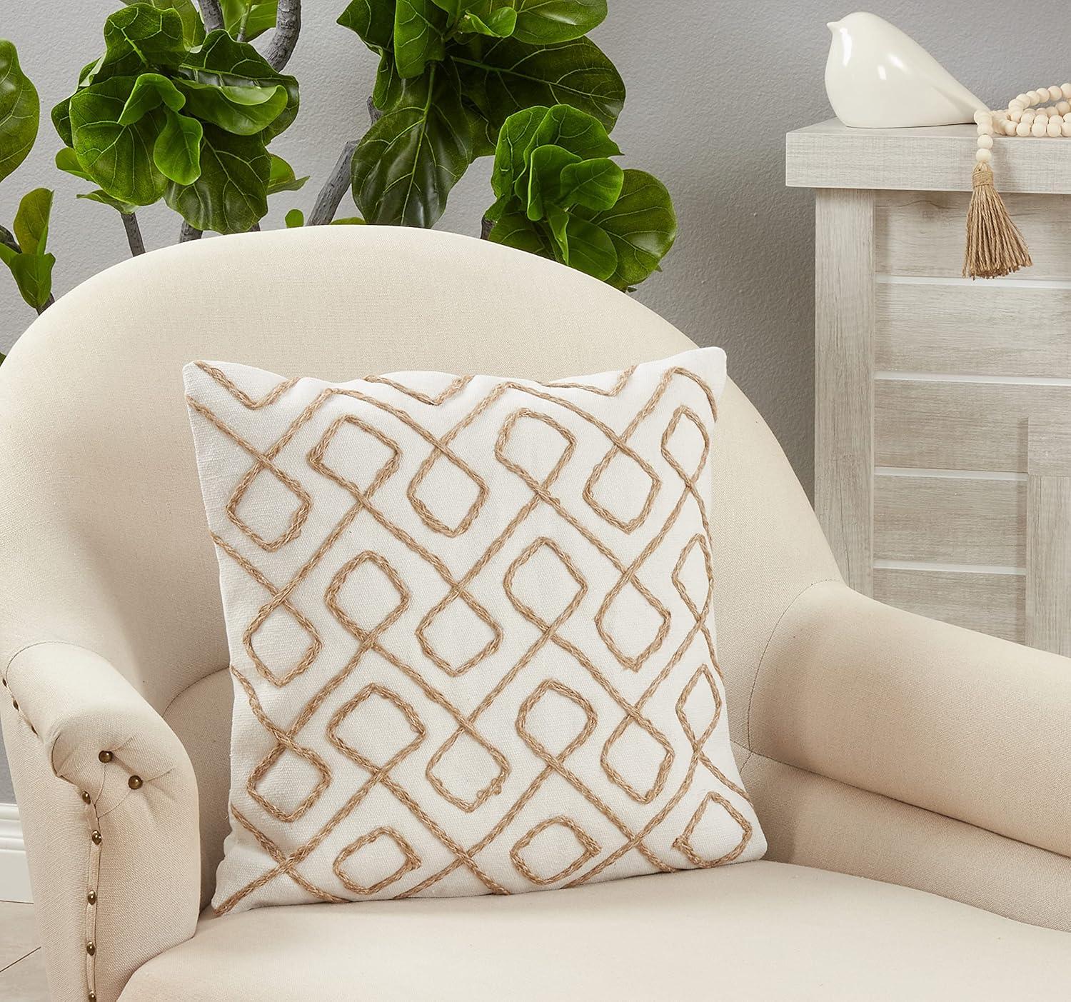 18'' White and Jute Embroidered Square Throw Pillow