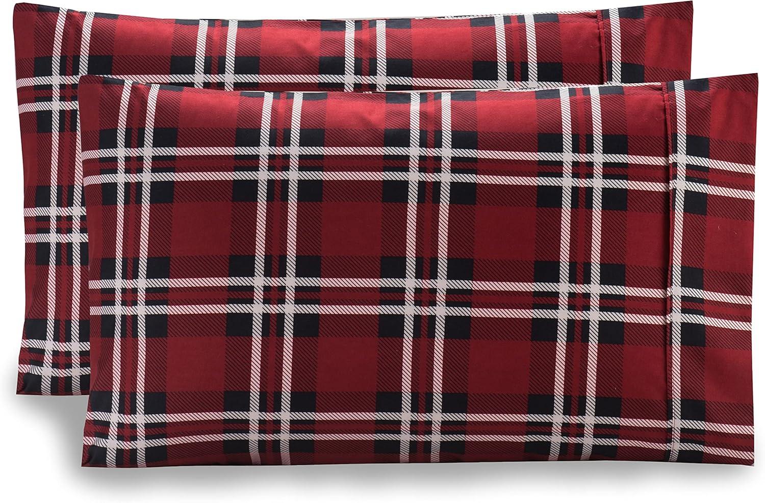 Burgundy Plaid Microfiber Queen Pillowcases Set