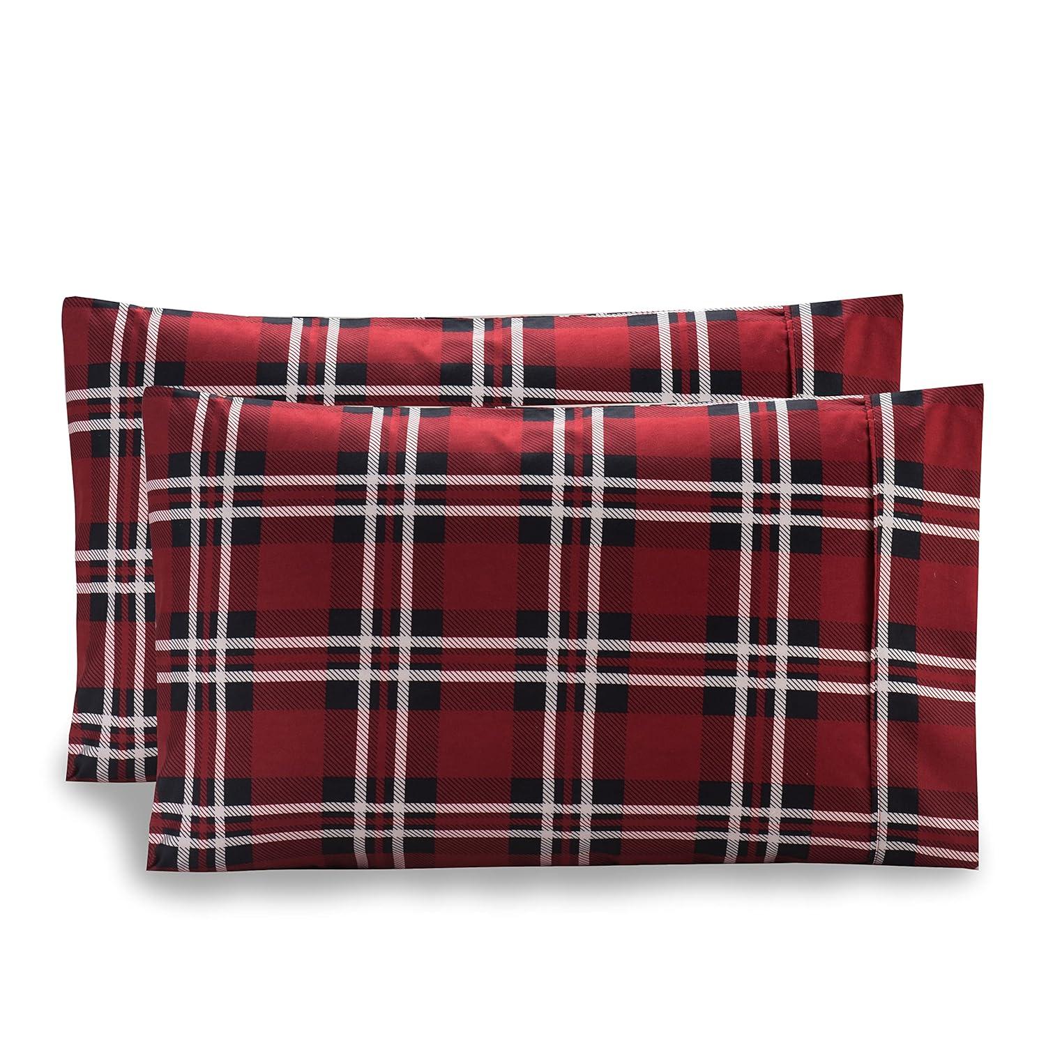 Burgundy Plaid Microfiber Queen Pillowcases Set