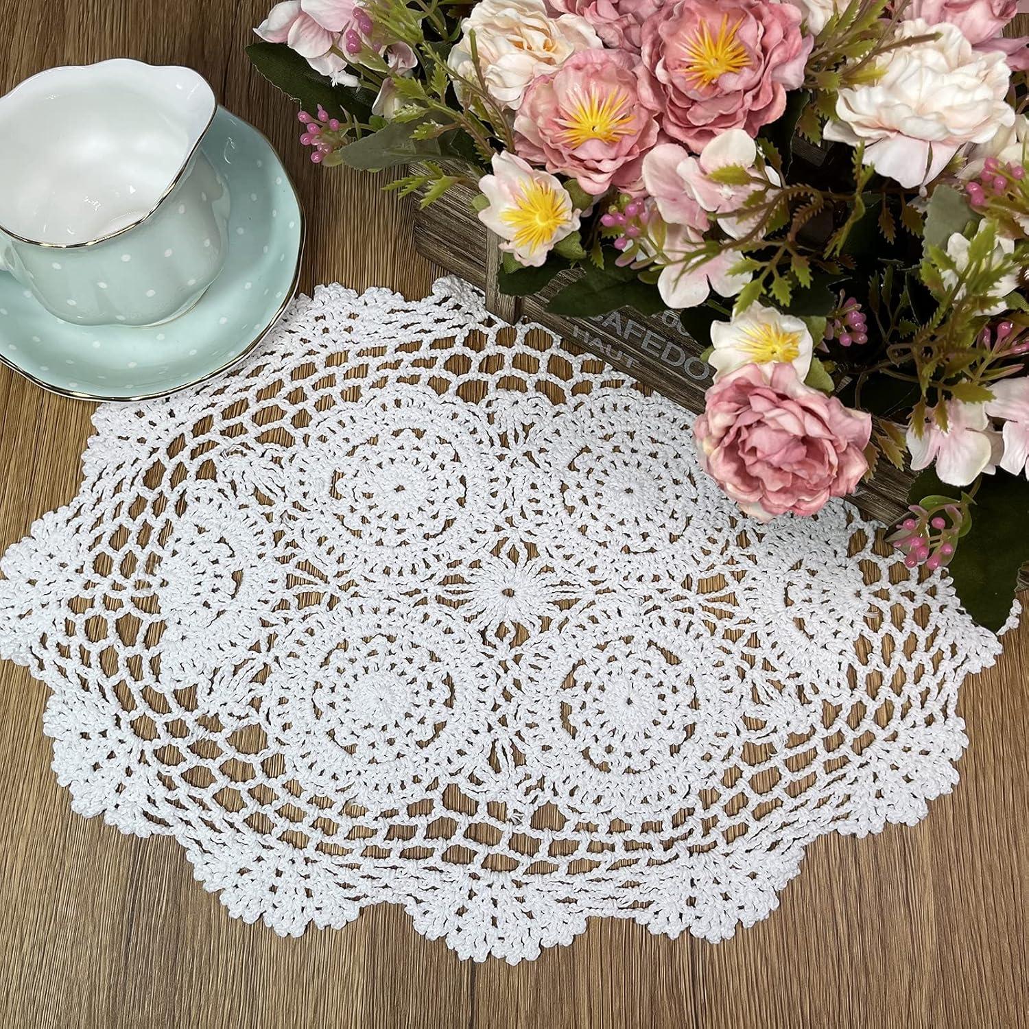 Handmade White Crochet Cotton Lace Oval Placemats, 12 x 17 inch, Set of 4